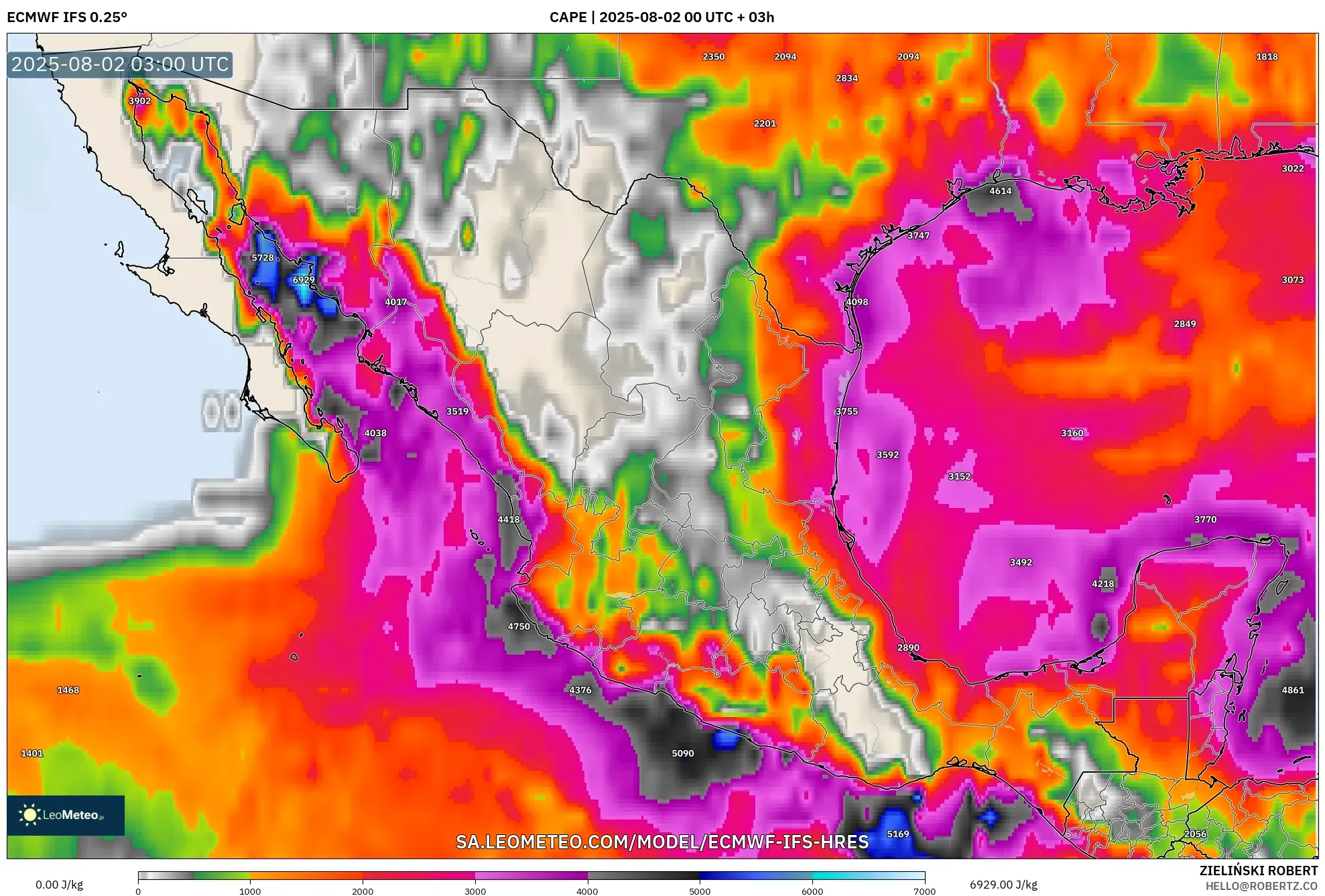 ECMWF IFS 0.25° model - Meksiko, CAPE ECMWF IFS 0.25° model - Meksiko, CAPE