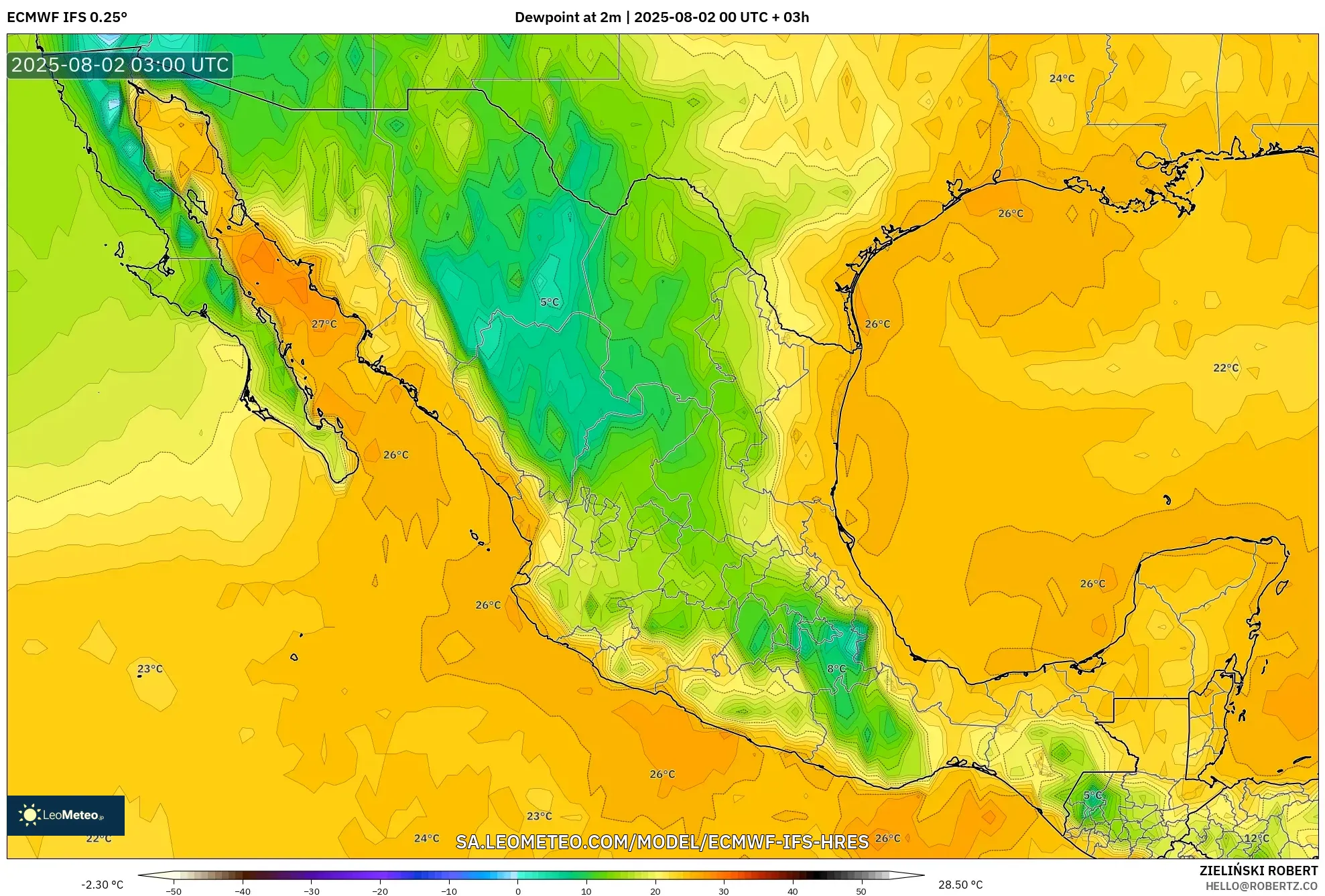 ECMWF IFS 0.25° model - Meksiko, Titik Embun 2 m ECMWF IFS 0.25° model - Meksiko, Titik Embun 2 m