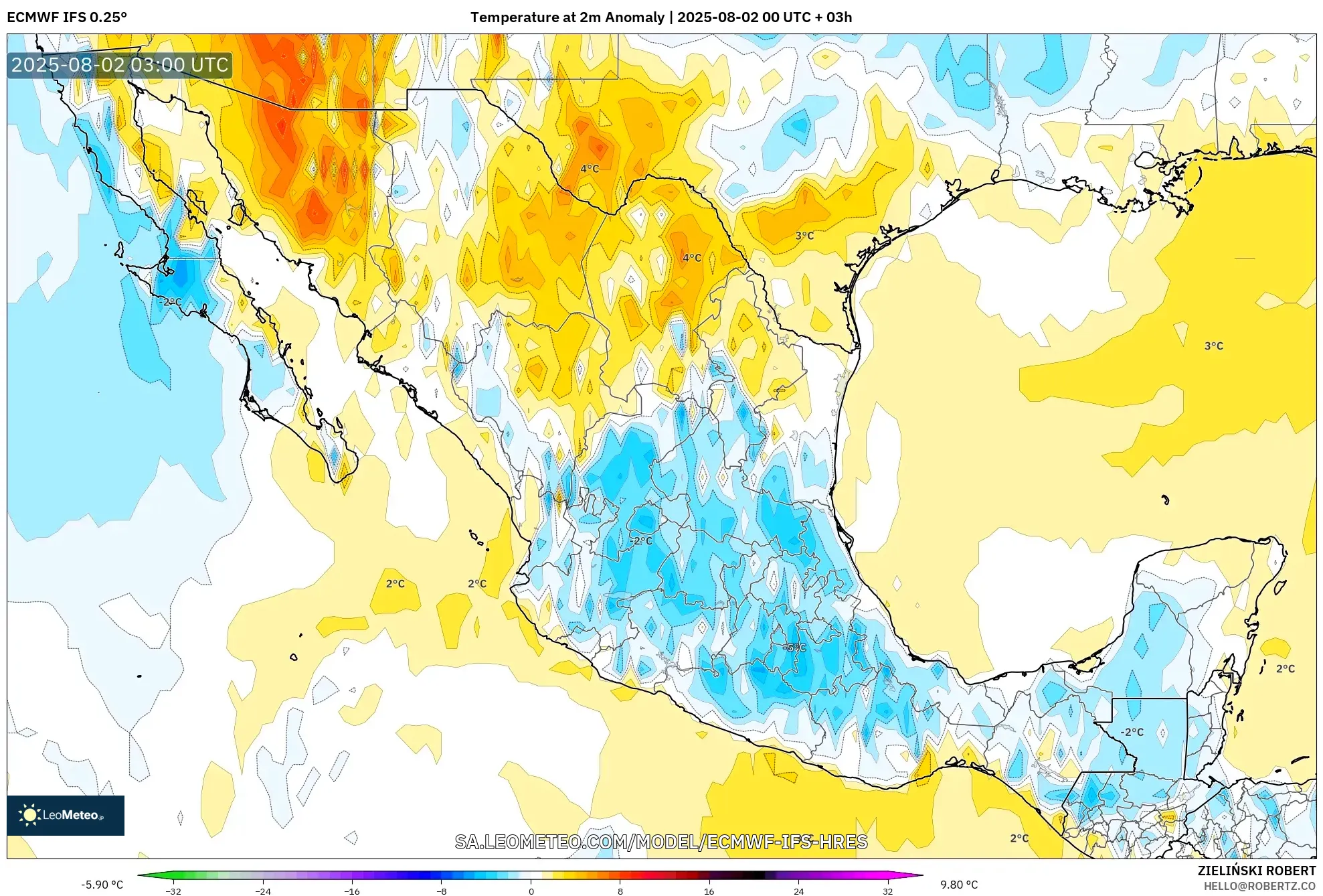 ECMWF IFS 0.25° model - Meksiko, Anomali Suhu 2 m ECMWF IFS 0.25° model - Meksiko, Anomali Suhu 2 m