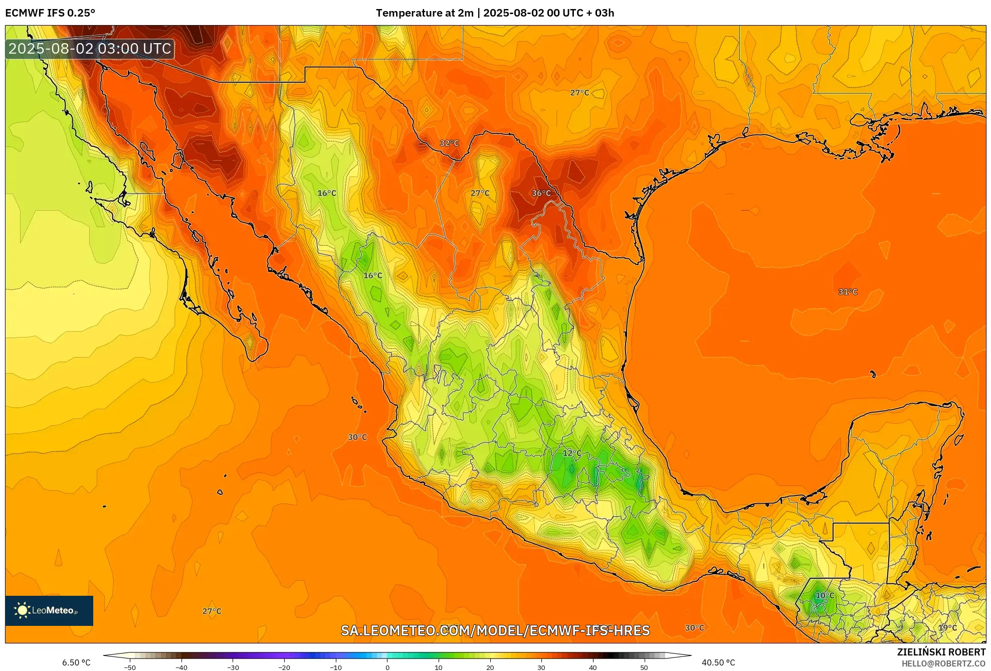 ECMWF IFS 0.25° model - Meksiko, Suhu 2 m ECMWF IFS 0.25° model - Meksiko, Suhu 2 m
