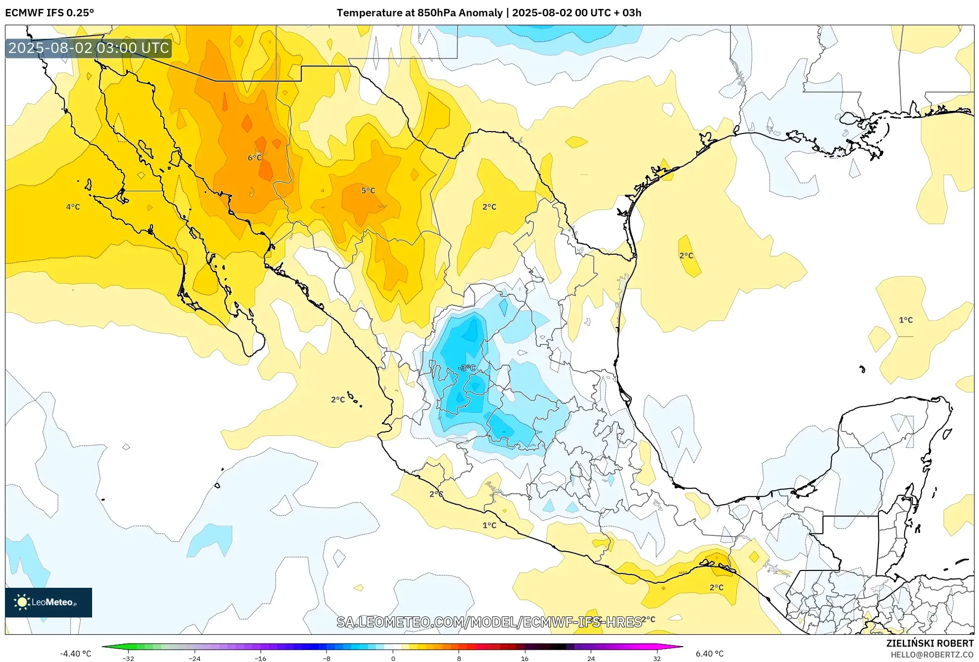 ECMWF IFS 0.25° model - Meksiko, Anomali Suhu 850 hPa