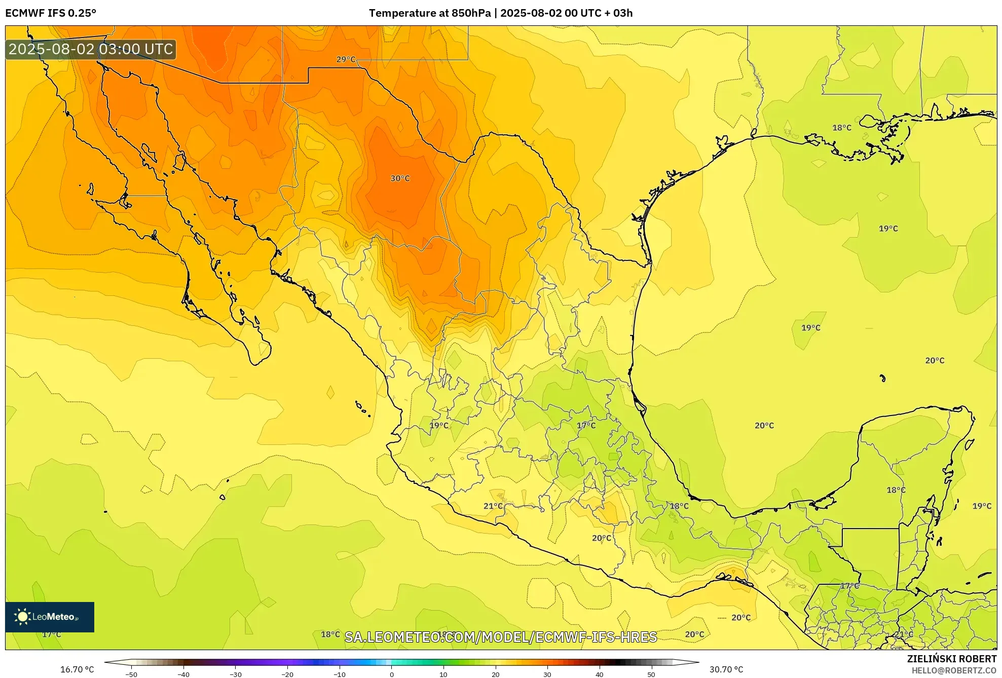 ECMWF IFS 0.25° model - Meksiko, Suhu 850 hPa ECMWF IFS 0.25° model - Meksiko, Suhu 850 hPa