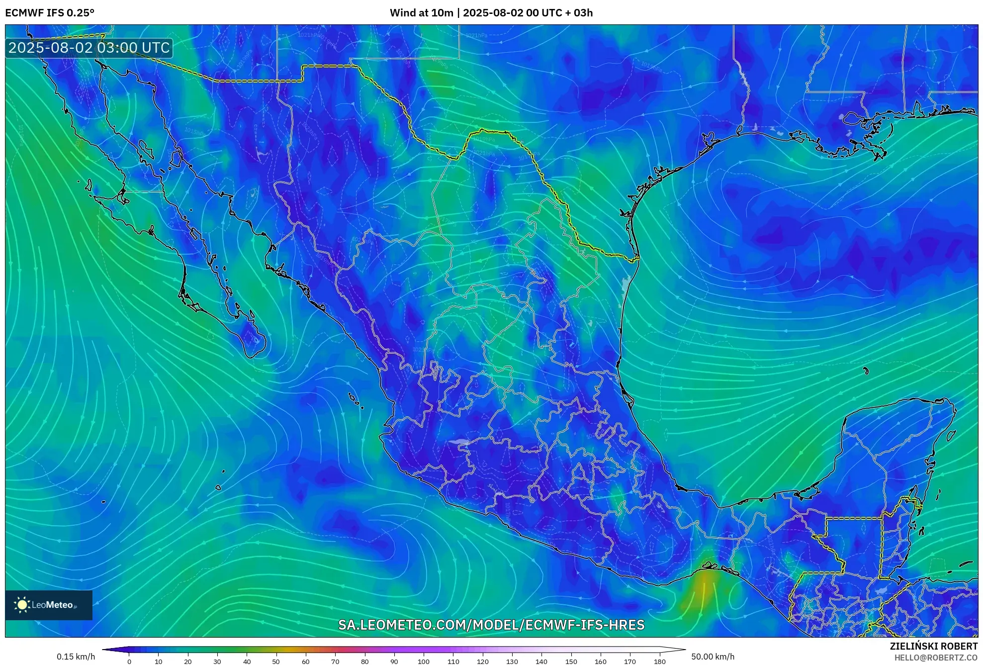 ECMWF IFS 0.25° model - Meksiko, Angin 10 m ECMWF IFS 0.25° model - Meksiko, Angin 10 m