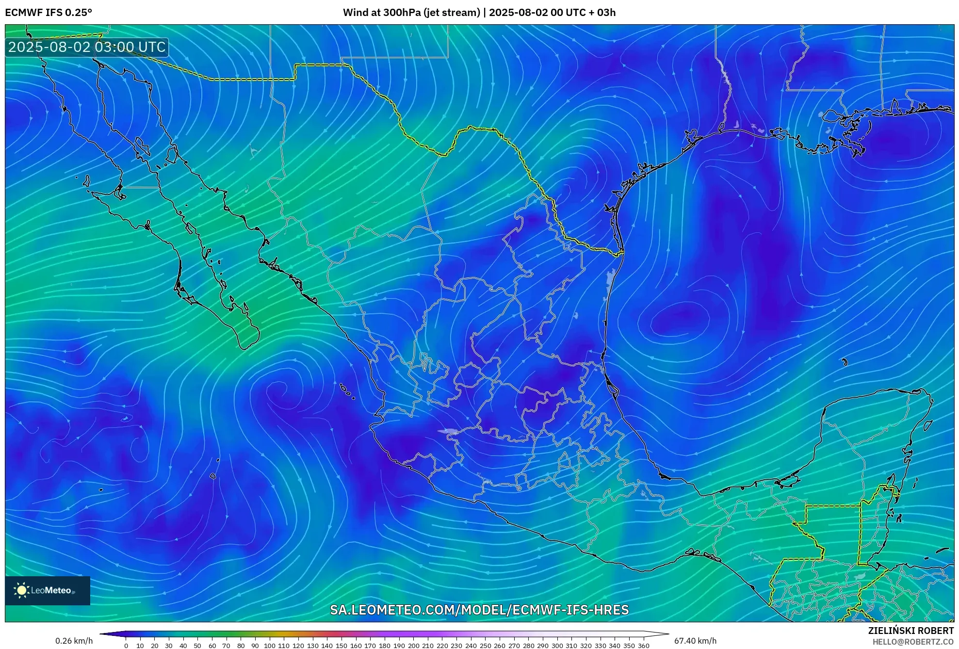ECMWF IFS 0.25° model - Meksiko, Angin 300 hPa (aliran jet) ECMWF IFS 0.25° model - Meksiko, Angin 300 hPa (aliran jet)