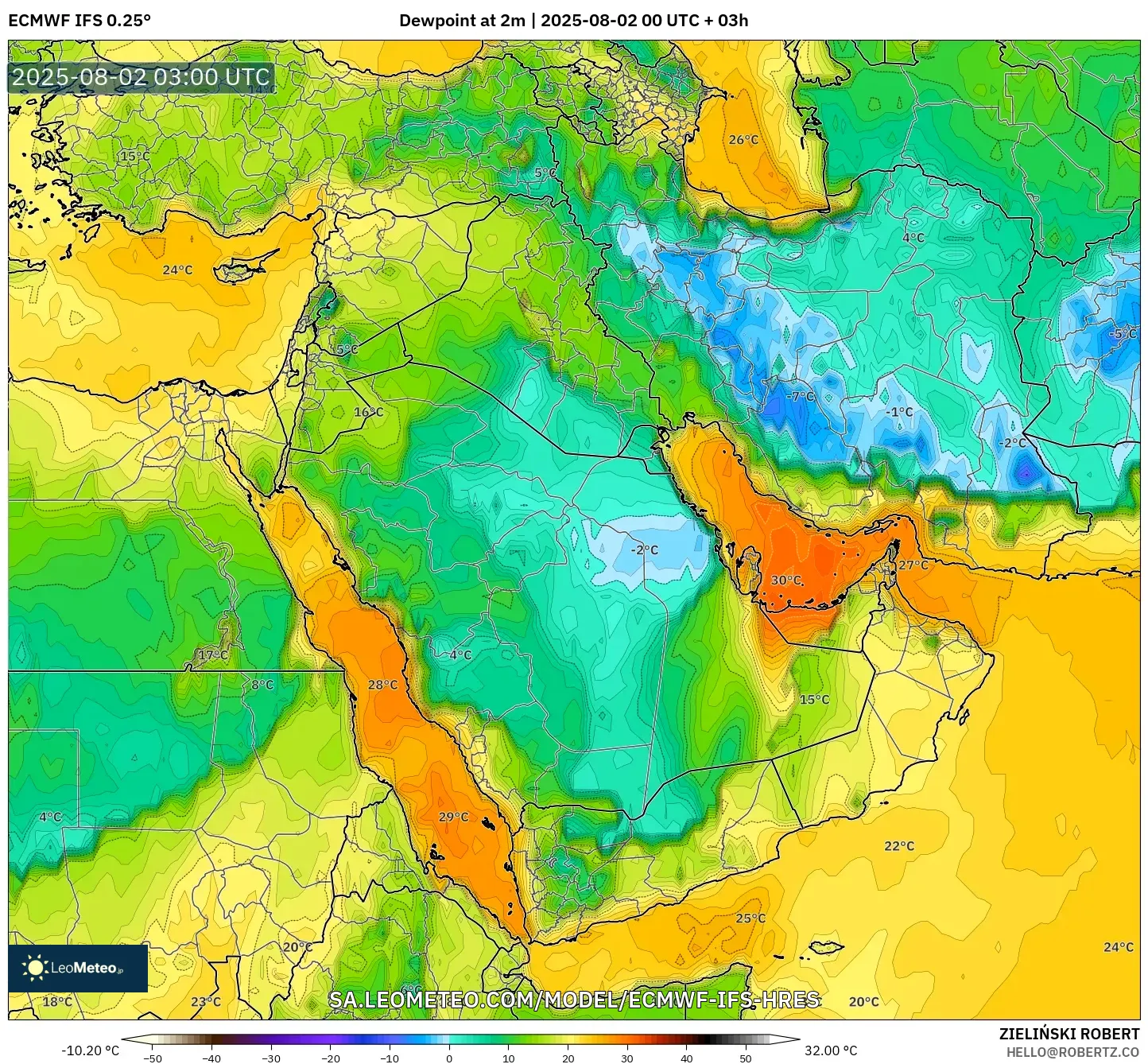 ECMWF IFS 0.25° model - Timur Tengah, Titik Embun 2 m ECMWF IFS 0.25° model - Timur Tengah, Titik Embun 2 m