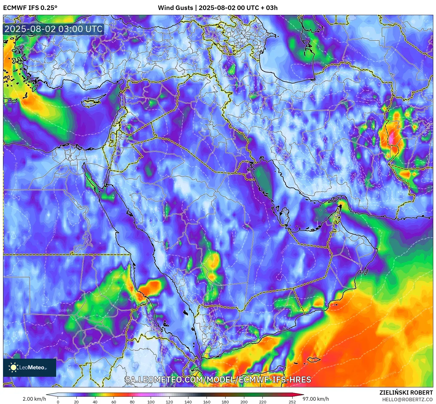 ECMWF IFS 0.25° model - Timur Tengah, Hembusan Angin ECMWF IFS 0.25° model - Timur Tengah, Hembusan Angin
