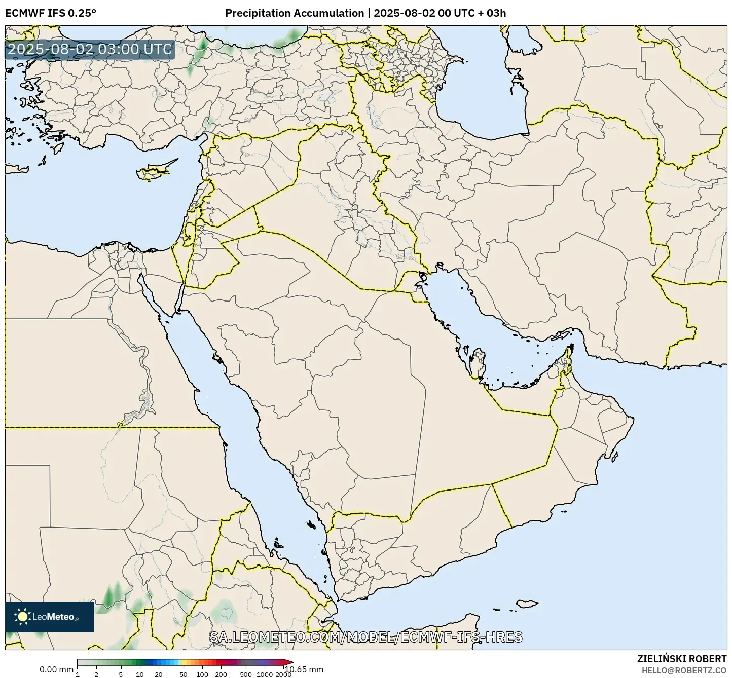 ECMWF IFS 0.25° model - Timur Tengah, Akumulasi Curah Hujan ECMWF IFS 0.25° model - Timur Tengah, Akumulasi Curah Hujan