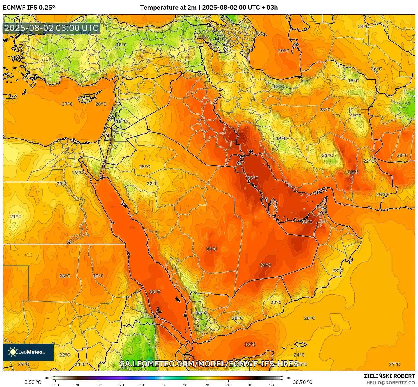 ECMWF IFS 0.25° model - Timur Tengah, Suhu 2 m ECMWF IFS 0.25° model - Timur Tengah, Suhu 2 m