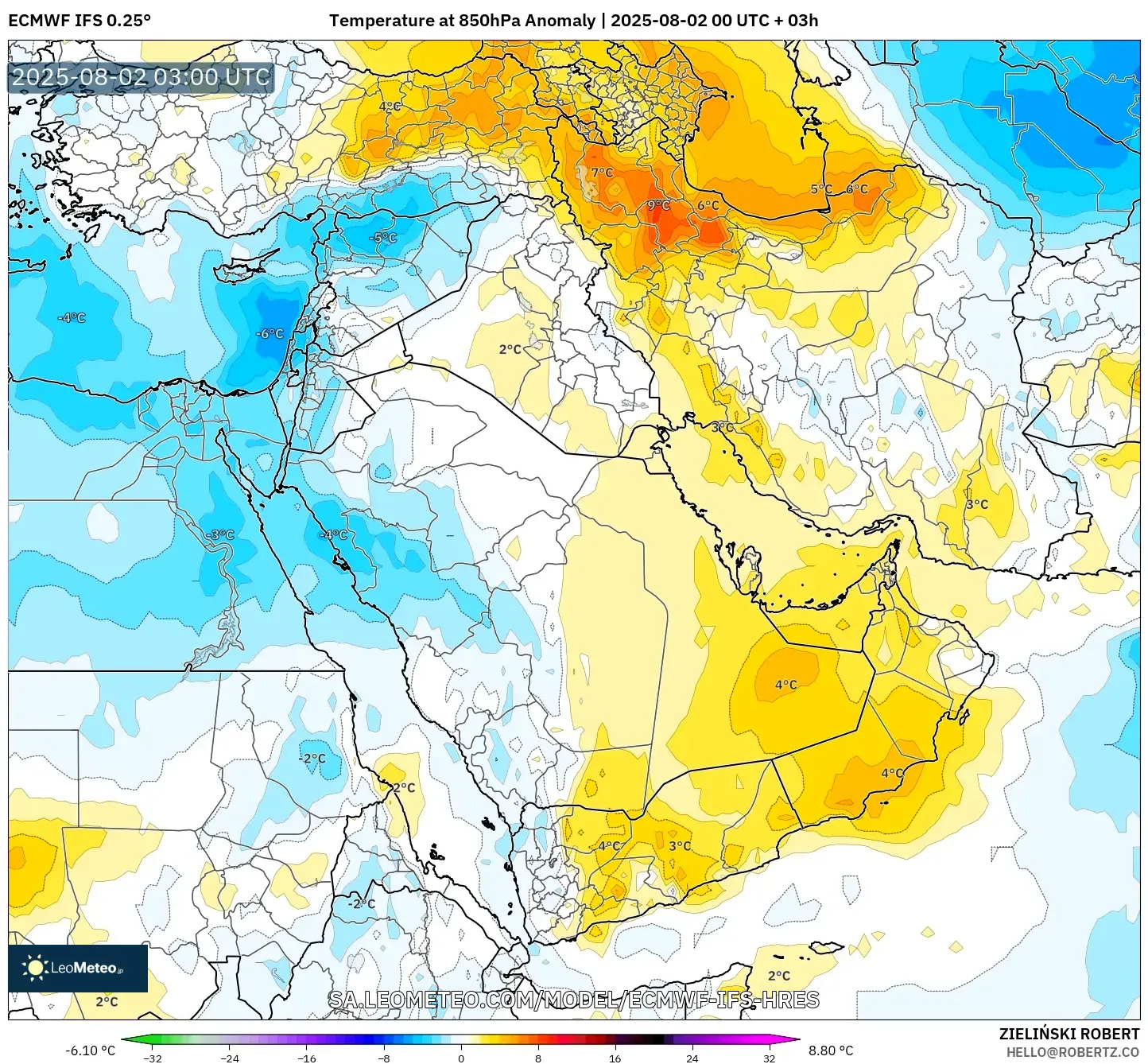 ECMWF IFS 0.25° model - Timur Tengah, Anomali Suhu 850 hPa ECMWF IFS 0.25° model - Timur Tengah, Anomali Suhu 850 hPa