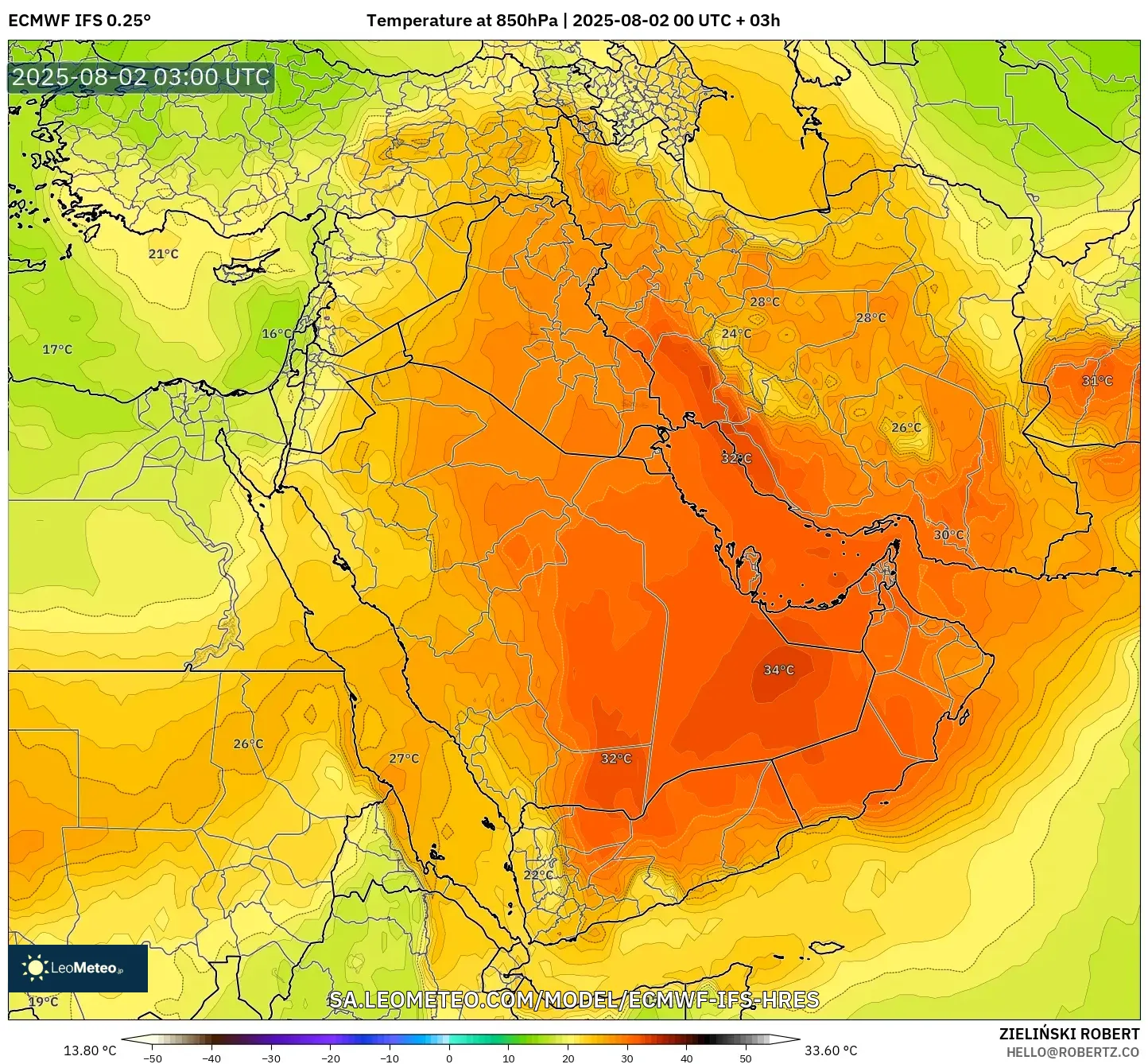 ECMWF IFS 0.25° model - Timur Tengah, Suhu 850 hPa
