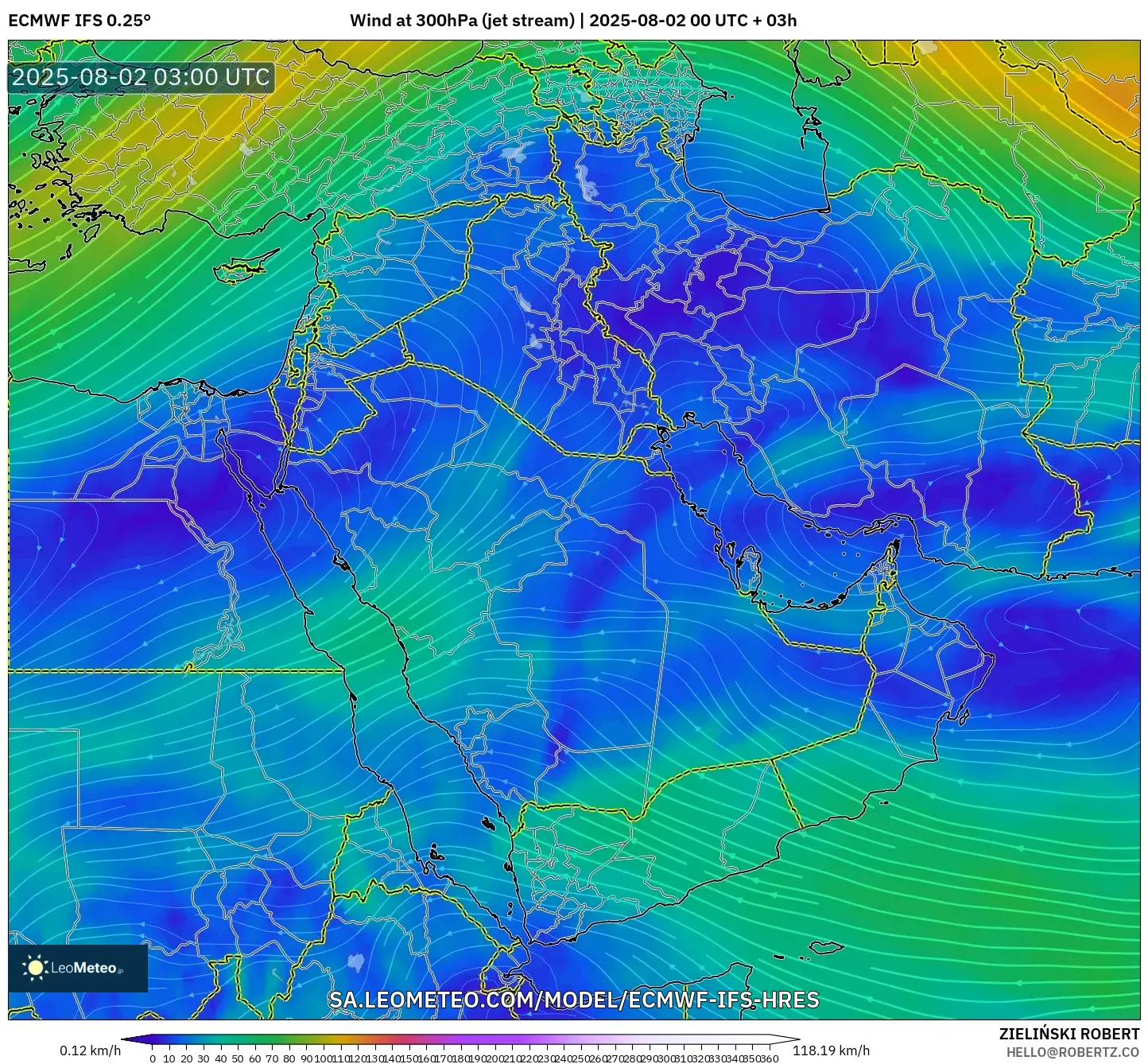 ECMWF IFS 0.25° model - Timur Tengah, Angin 300 hPa (aliran jet) ECMWF IFS 0.25° model - Timur Tengah, Angin 300 hPa (aliran jet)