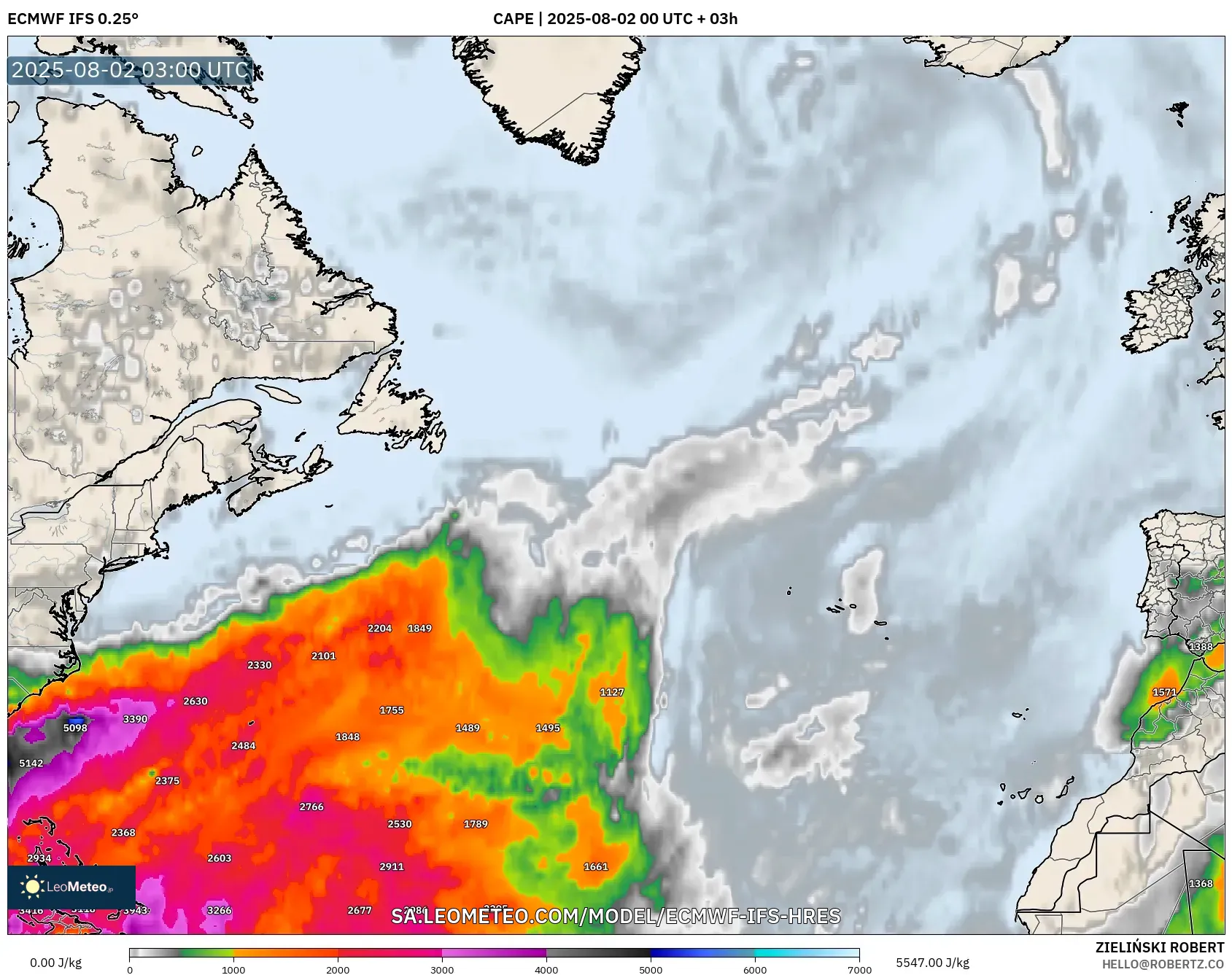 ECMWF IFS 0.25° model - Atlantik Utara, CAPE ECMWF IFS 0.25° model - Atlantik Utara, CAPE