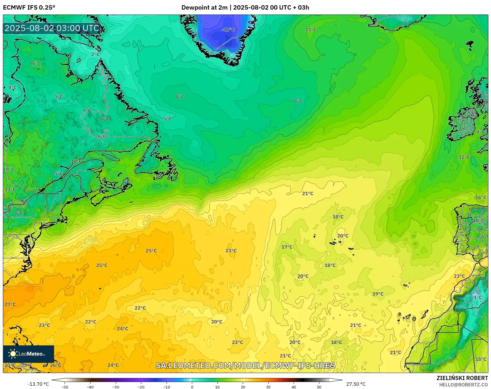 ECMWF IFS 0.25° model - Atlantik Utara, Takat Embun 2 m