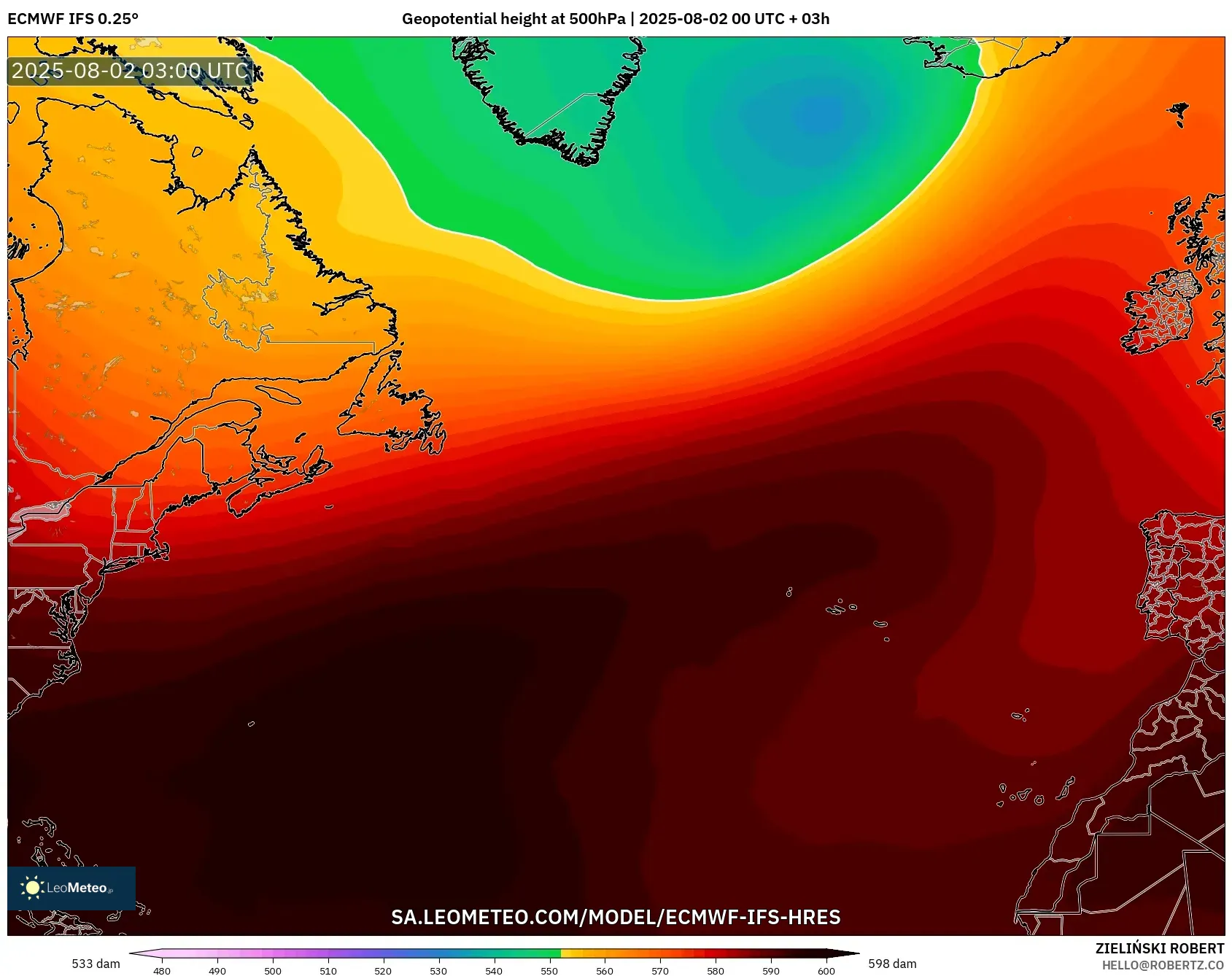 ECMWF IFS 0.25° model - Atlantik Utara, Ketinggian geopotensial pada 500 hPa