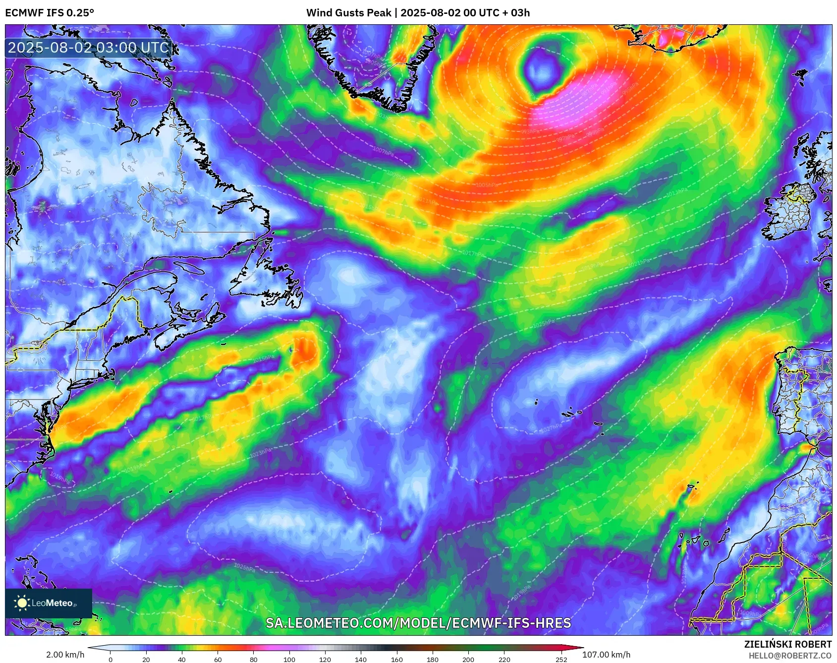 ECMWF IFS 0.25° model - Atlantik Utara, Puncak Hembusan