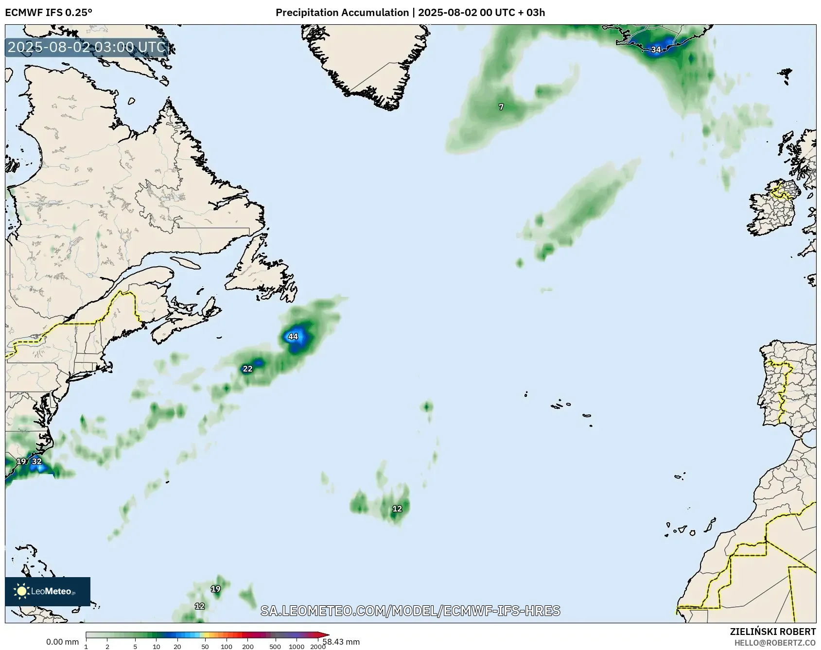 ECMWF IFS 0.25° model - Atlantik Utara, Akumulasi Curah Hujan
