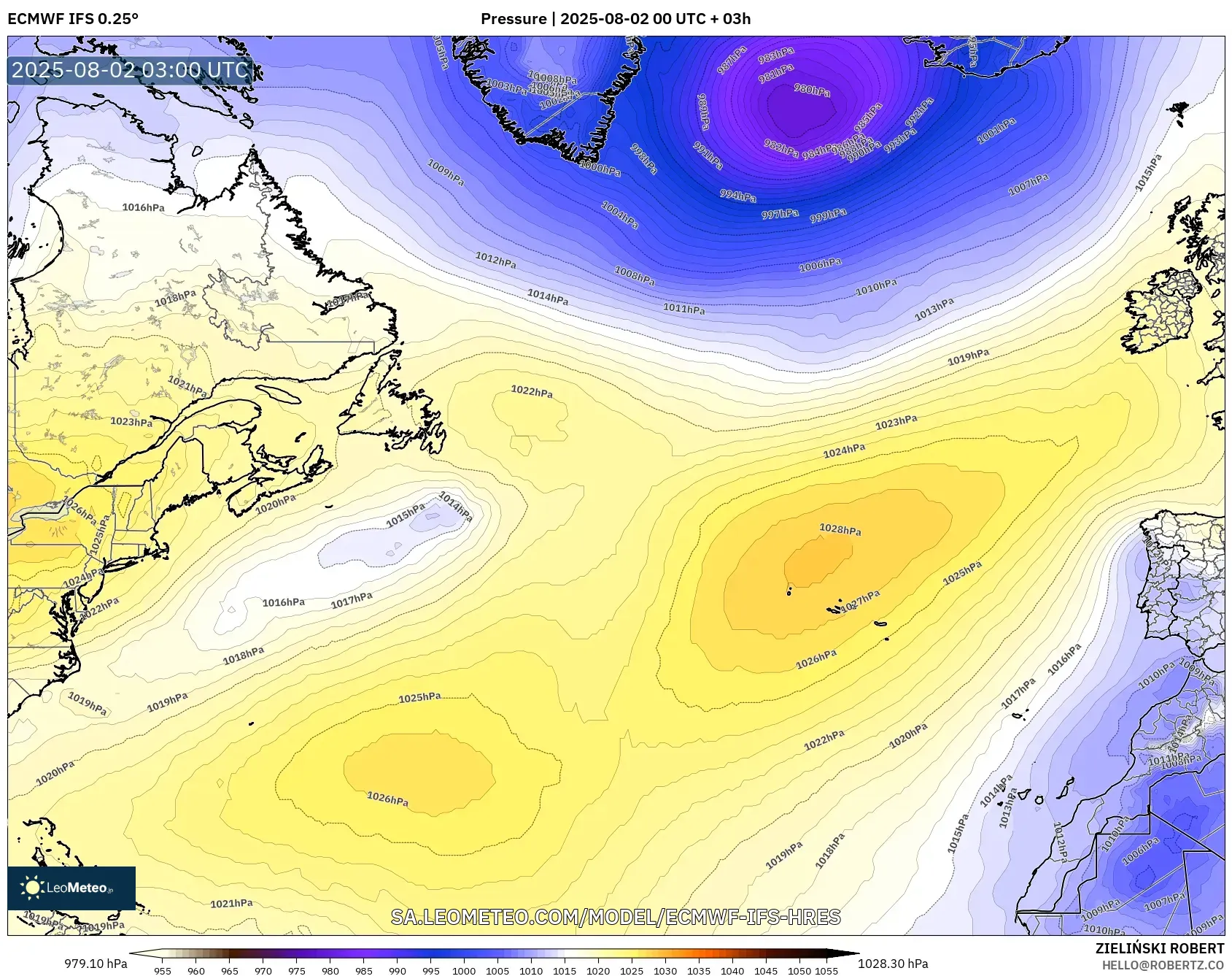 ECMWF IFS 0.25° model - Atlantik Utara, Tekanan ECMWF IFS 0.25° model - Atlantik Utara, Tekanan