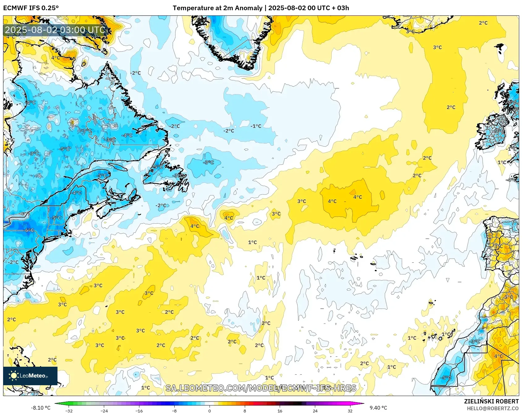 ECMWF IFS 0.25° model - Atlantik Utara, Anomali Suhu 2 m ECMWF IFS 0.25° model - Atlantik Utara, Anomali Suhu 2 m