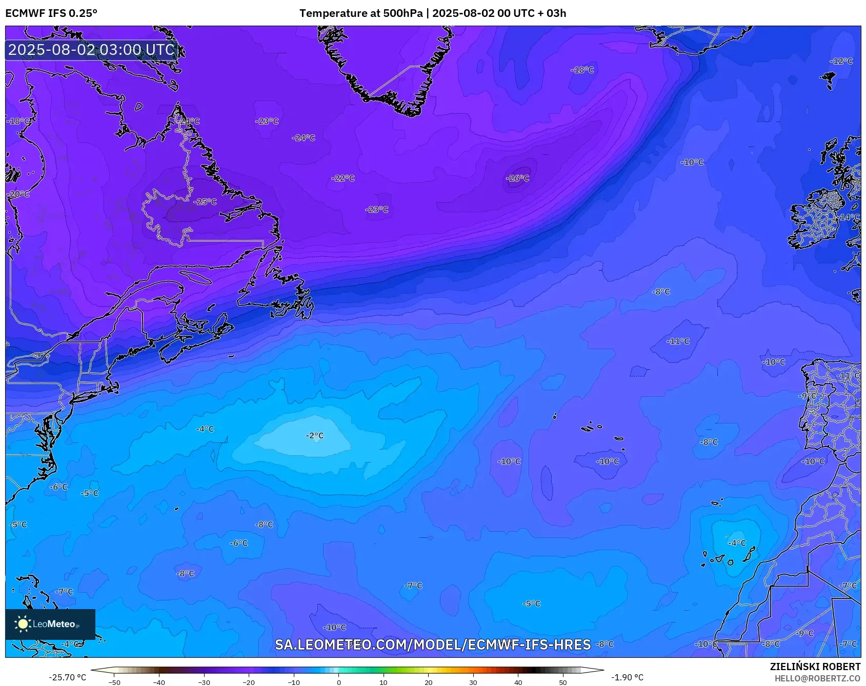 ECMWF IFS 0.25° model - Atlantik Utara, Suhu 500 hPa ECMWF IFS 0.25° model - Atlantik Utara, Suhu 500 hPa
