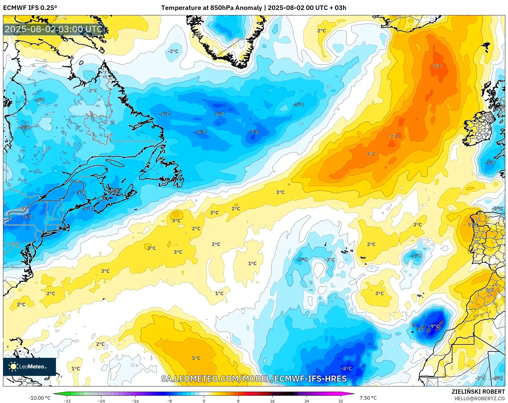 ECMWF IFS 0.25° model - Atlantik Utara, Anomali Suhu 850 hPa