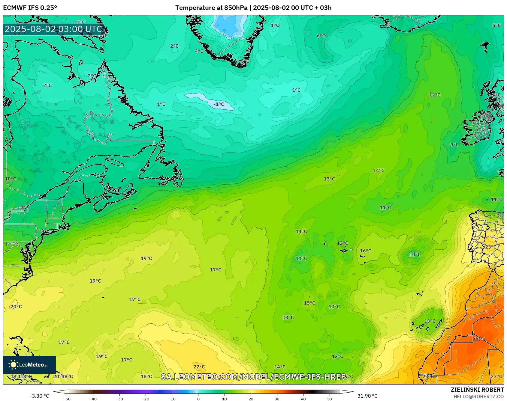 ECMWF IFS 0.25° model - Atlantik Utara, Suhu 850 hPa ECMWF IFS 0.25° model - Atlantik Utara, Suhu 850 hPa