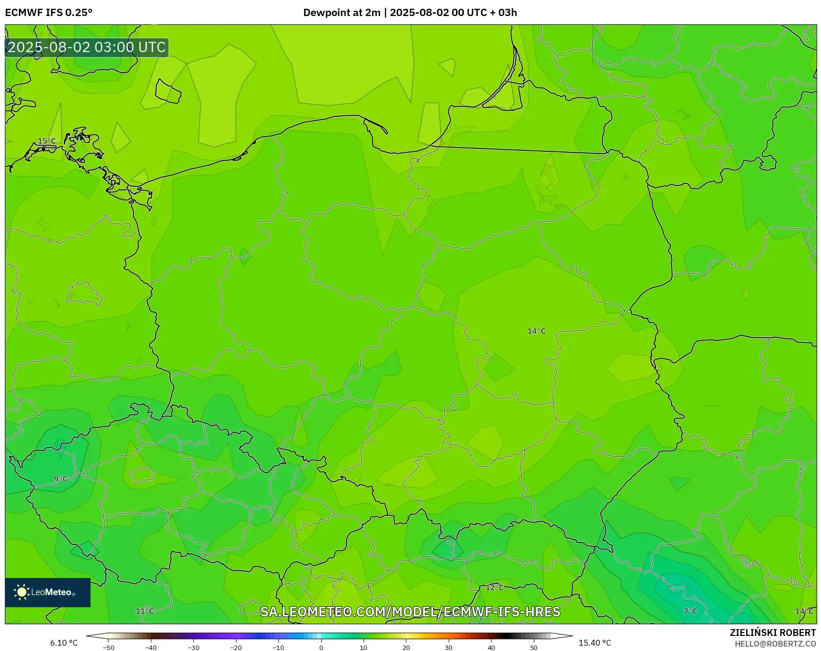 ECMWF IFS 0.25° model - Polandia, Titik Embun 2 m ECMWF IFS 0.25° model - Polandia, Titik Embun 2 m