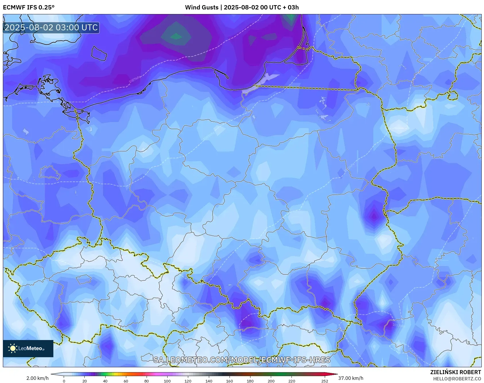 ECMWF IFS 0.25° model - Polandia, Hembusan Angin