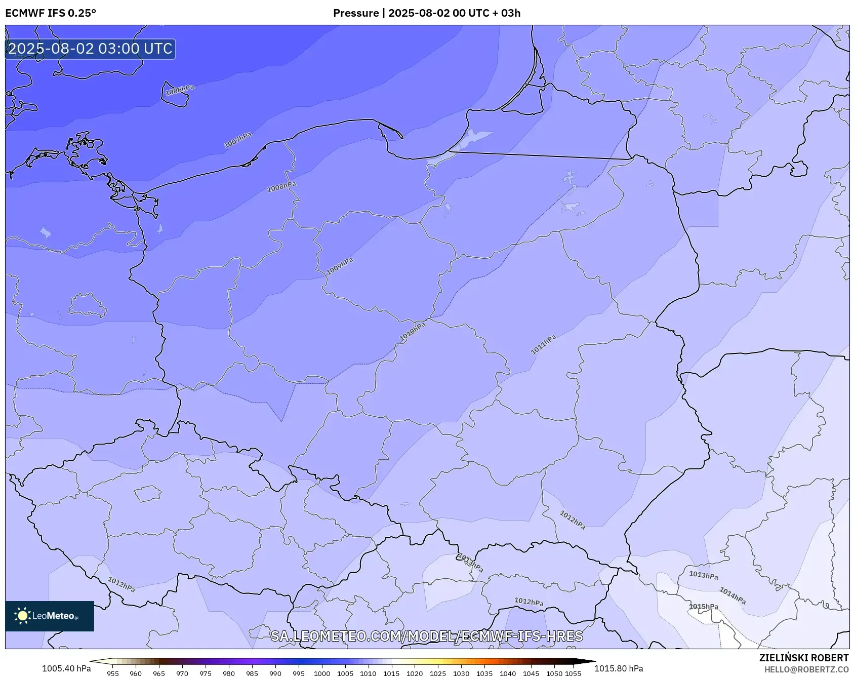 ECMWF IFS 0.25° model - Polandia, Tekanan ECMWF IFS 0.25° model - Polandia, Tekanan