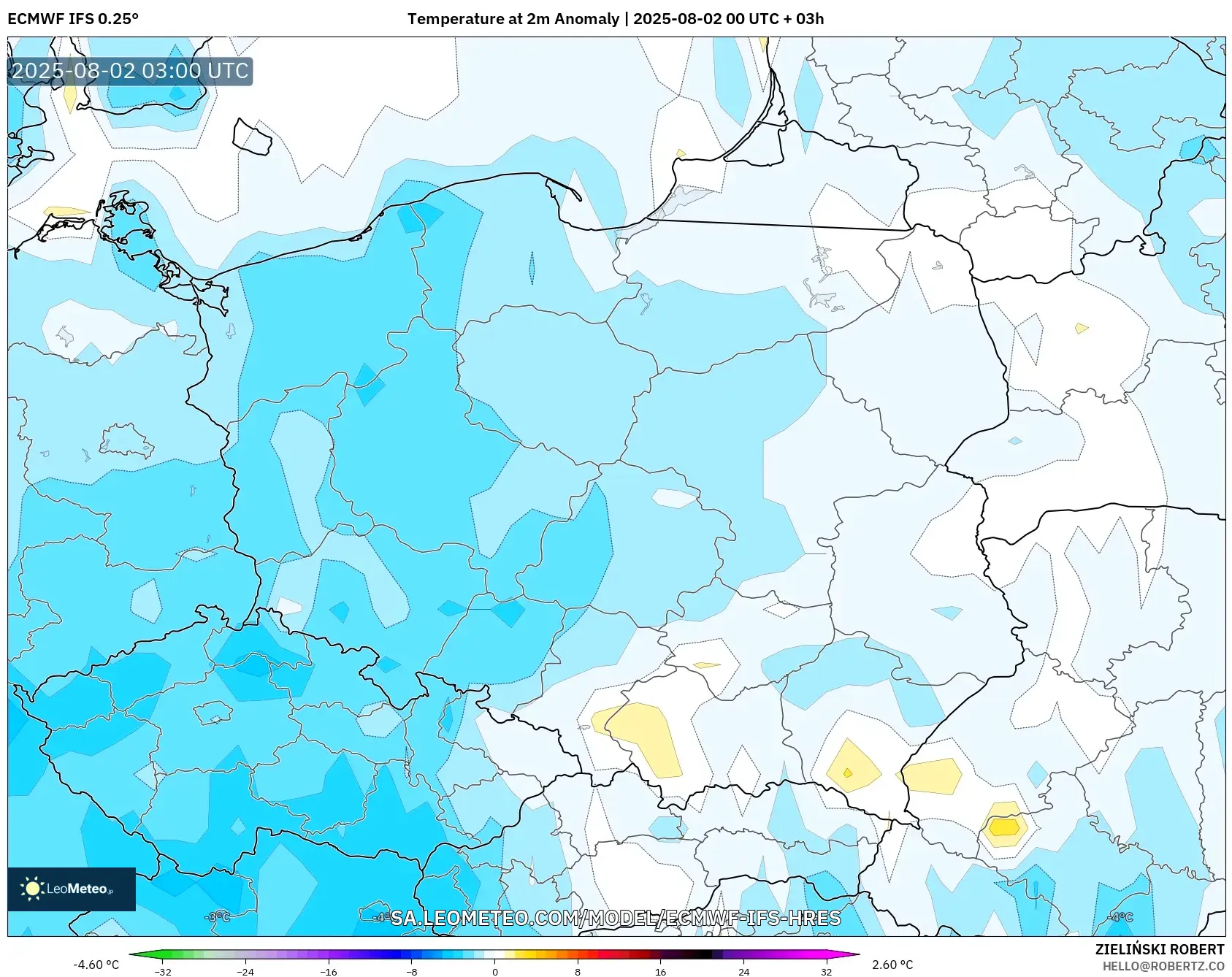 ECMWF IFS 0.25° model - Polandia, Anomali Suhu 2 m ECMWF IFS 0.25° model - Polandia, Anomali Suhu 2 m