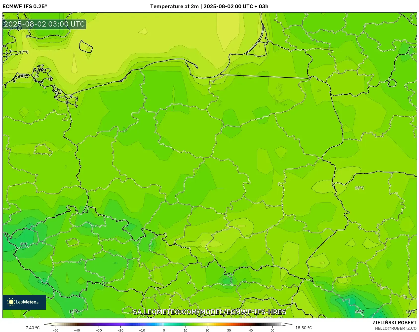 ECMWF IFS 0.25° model - Polandia, Suhu 2 m ECMWF IFS 0.25° model - Polandia, Suhu 2 m