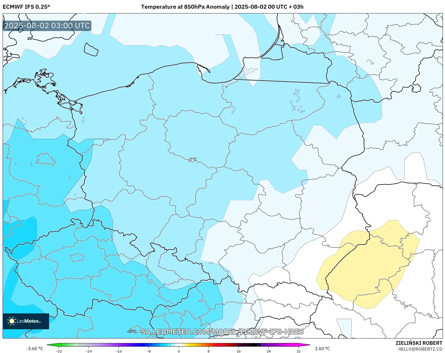 ECMWF IFS 0.25° model - Polandia, Anomali Suhu 850 hPa ECMWF IFS 0.25° model - Polandia, Anomali Suhu 850 hPa