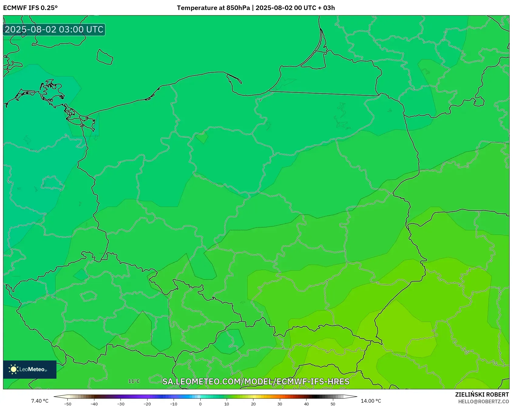 ECMWF IFS 0.25° model - Polandia, Suhu 850 hPa