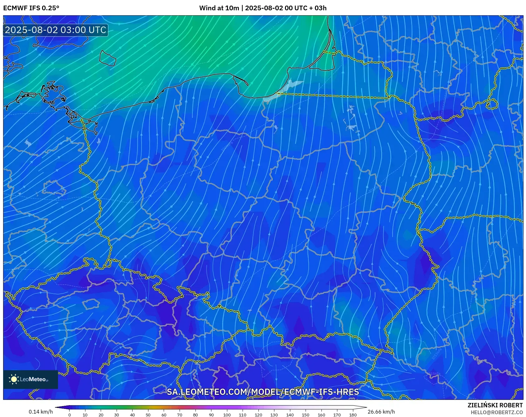 ECMWF IFS 0.25° model - Polandia, Angin 10 m ECMWF IFS 0.25° model - Polandia, Angin 10 m
