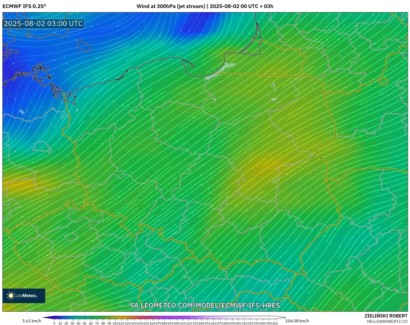 ECMWF IFS 0.25° model - Polandia, Angin 300 hPa (aliran jet) ECMWF IFS 0.25° model - Polandia, Angin 300 hPa (aliran jet)