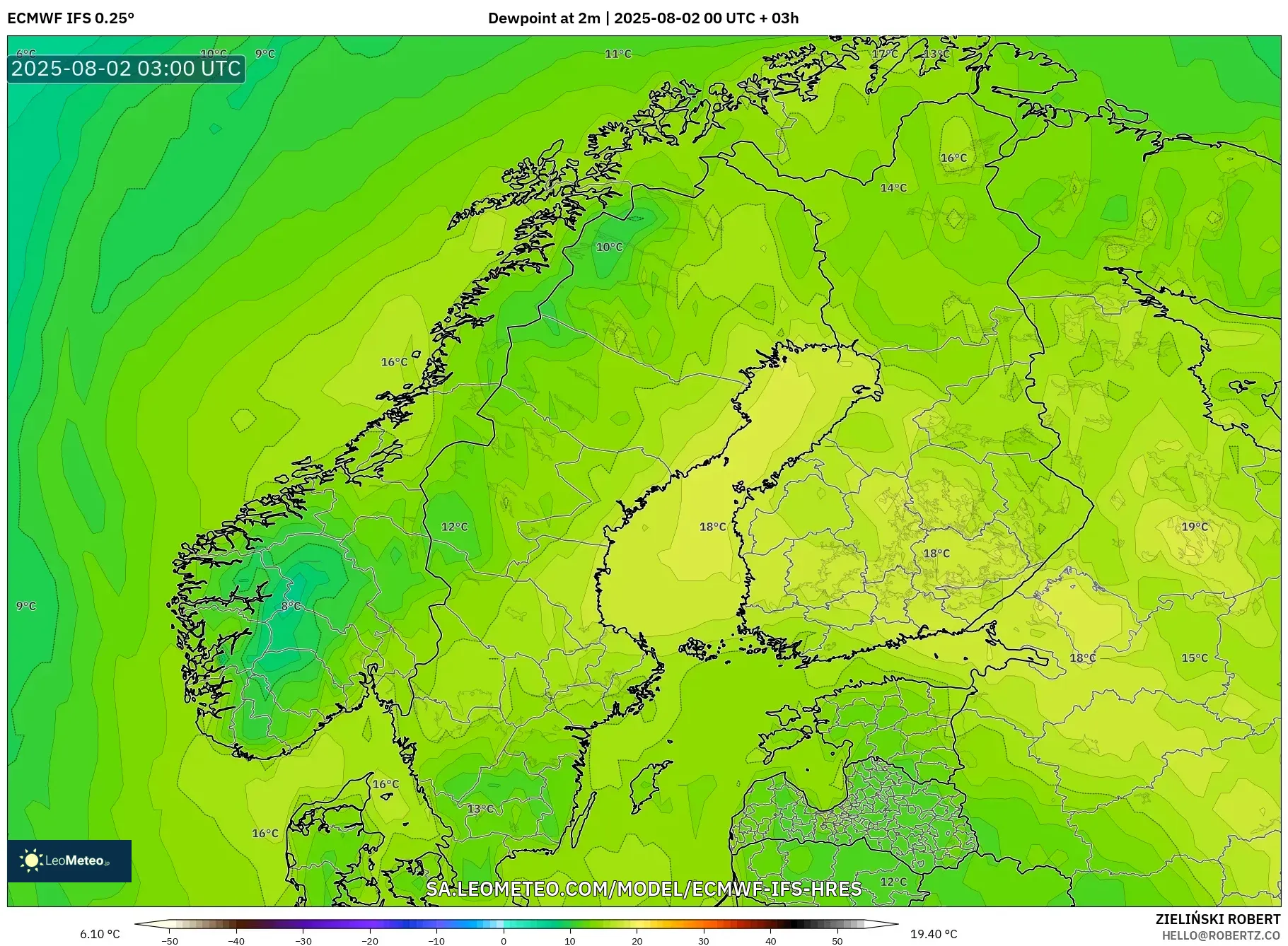 ECMWF IFS 0.25° model - Skandinavia, Titik Embun 2 m ECMWF IFS 0.25° model - Skandinavia, Titik Embun 2 m