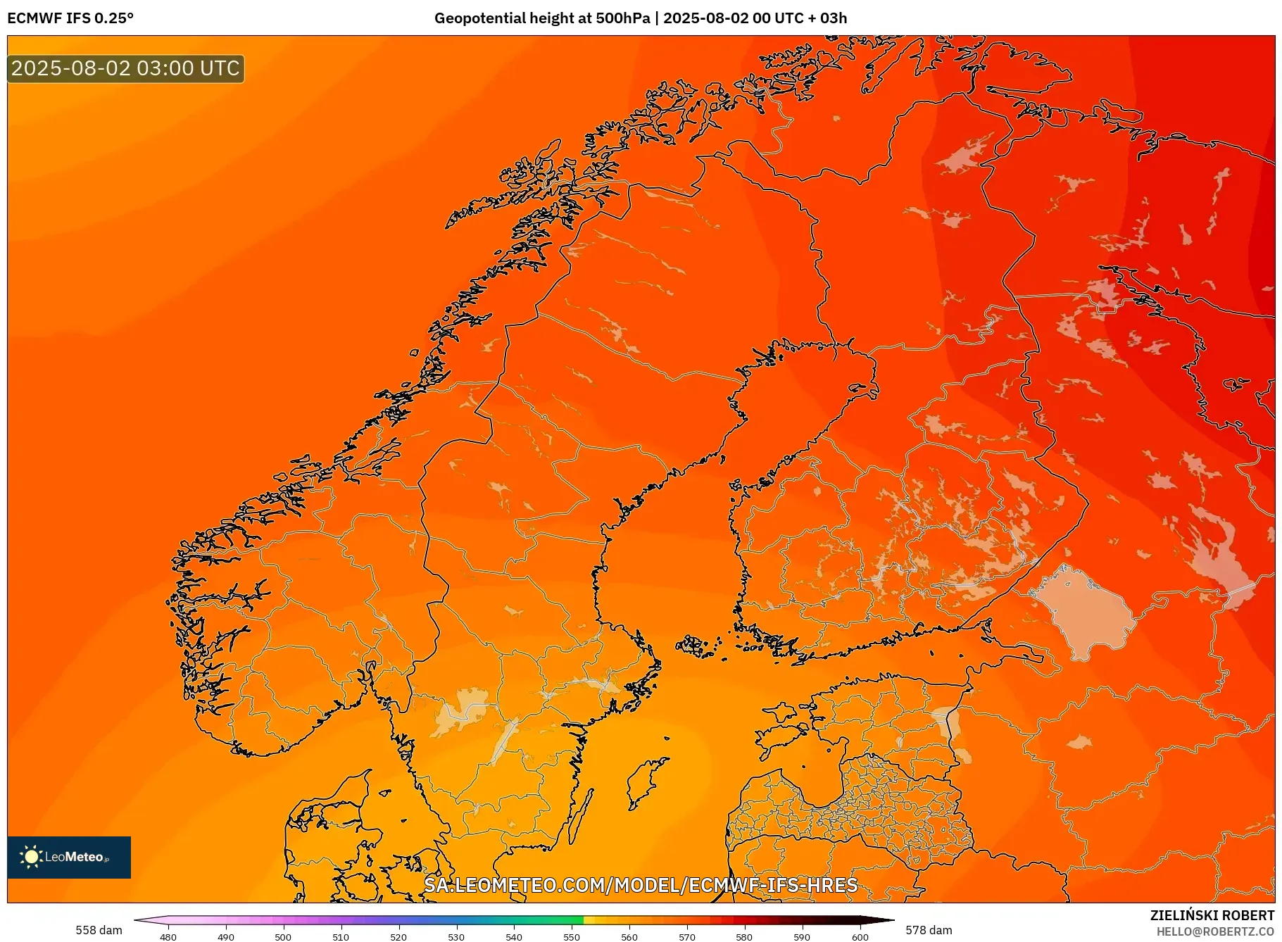 ECMWF IFS 0.25° model - Skandinavia, Ketinggian geopotensial pada 500 hPa ECMWF IFS 0.25° model - Skandinavia, Ketinggian geopotensial pada 500 hPa