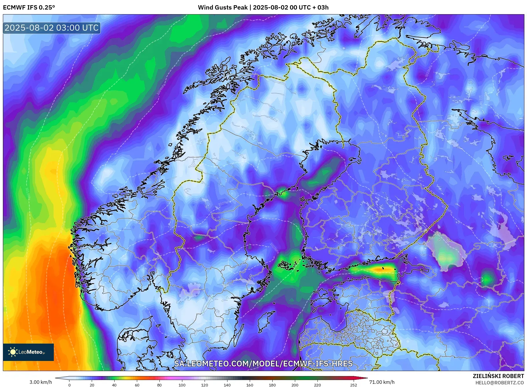 ECMWF IFS 0.25° model - Skandinavia, Puncak Hembusan ECMWF IFS 0.25° model - Skandinavia, Puncak Hembusan