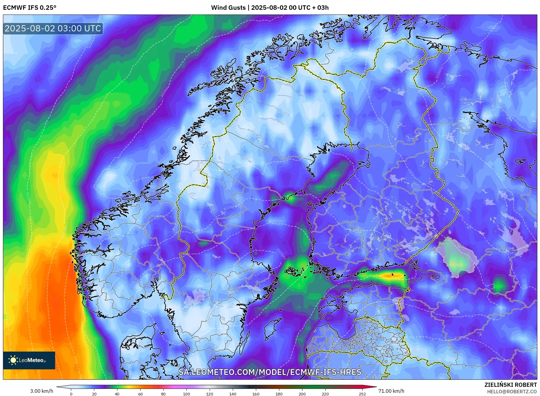 ECMWF IFS 0.25° model - Skandinavia, Hembusan Angin ECMWF IFS 0.25° model - Skandinavia, Hembusan Angin
