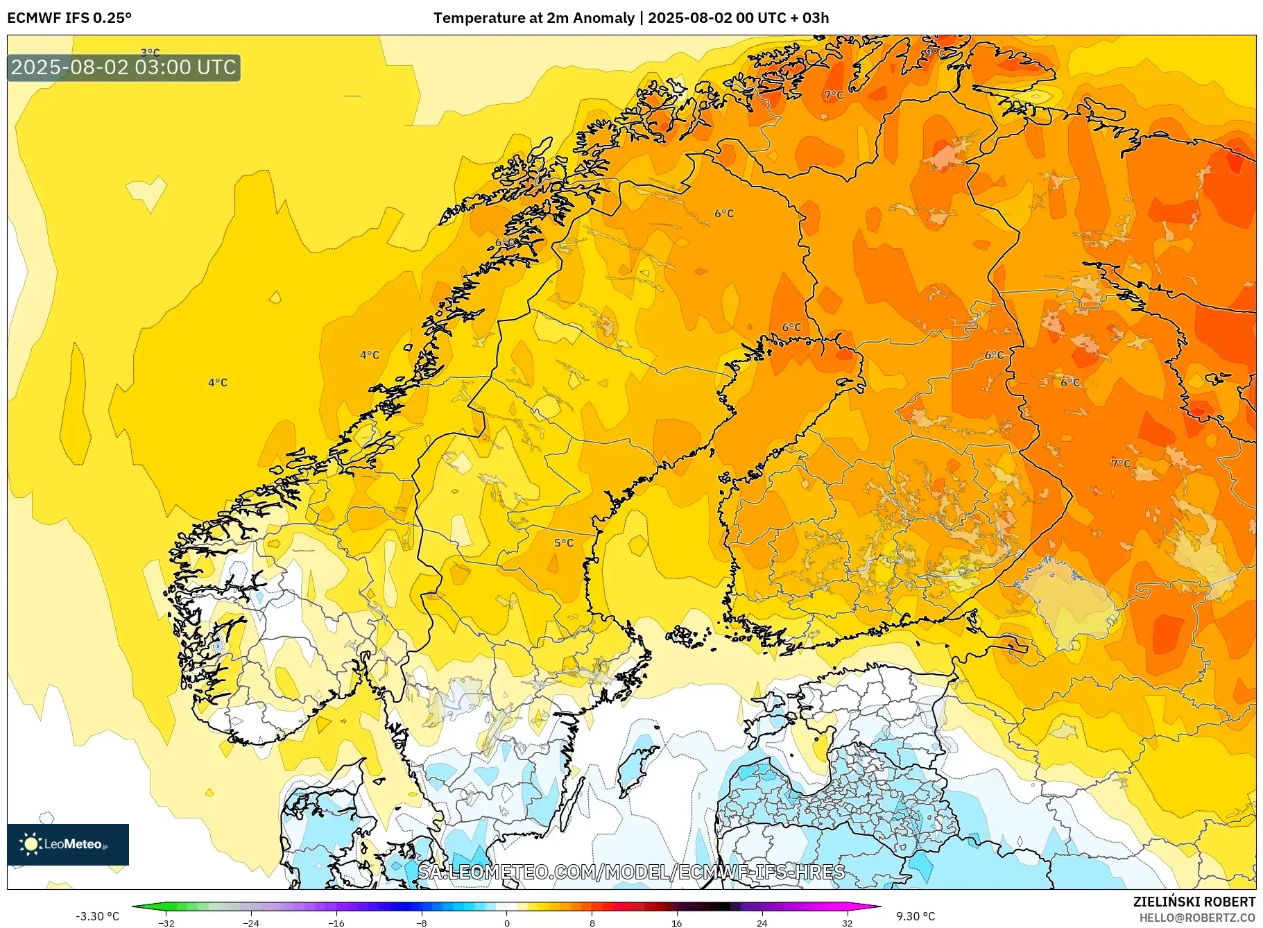 ECMWF IFS 0.25° model - Skandinavia, Anomali Suhu 2 m ECMWF IFS 0.25° model - Skandinavia, Anomali Suhu 2 m
