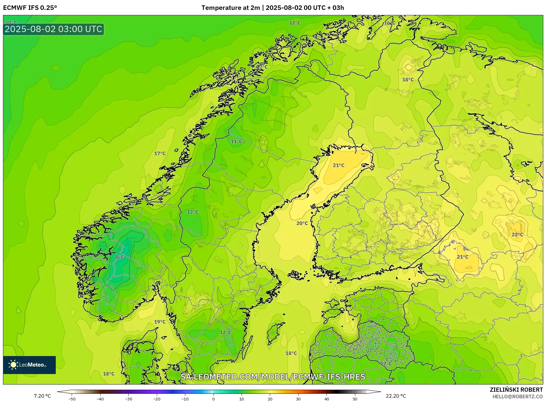 ECMWF IFS 0.25° model - Skandinavia, Suhu 2 m ECMWF IFS 0.25° model - Skandinavia, Suhu 2 m