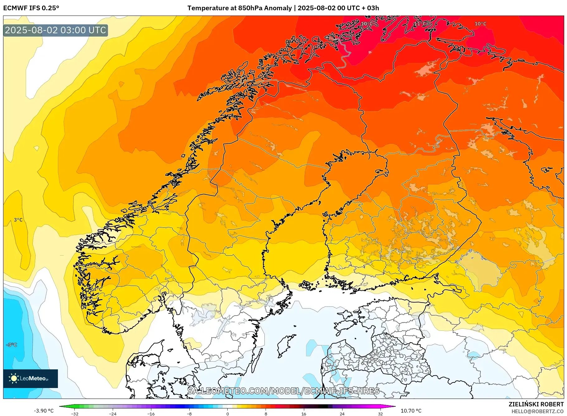 ECMWF IFS 0.25° model - Skandinavia, Anomali Suhu 850 hPa ECMWF IFS 0.25° model - Skandinavia, Anomali Suhu 850 hPa
