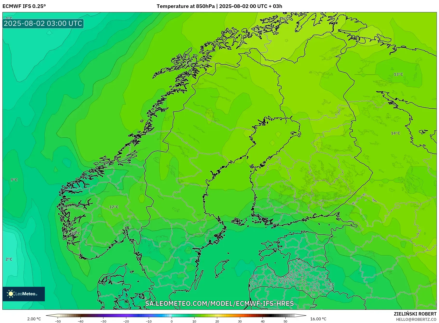 ECMWF IFS 0.25° model - Skandinavia, Suhu 850 hPa