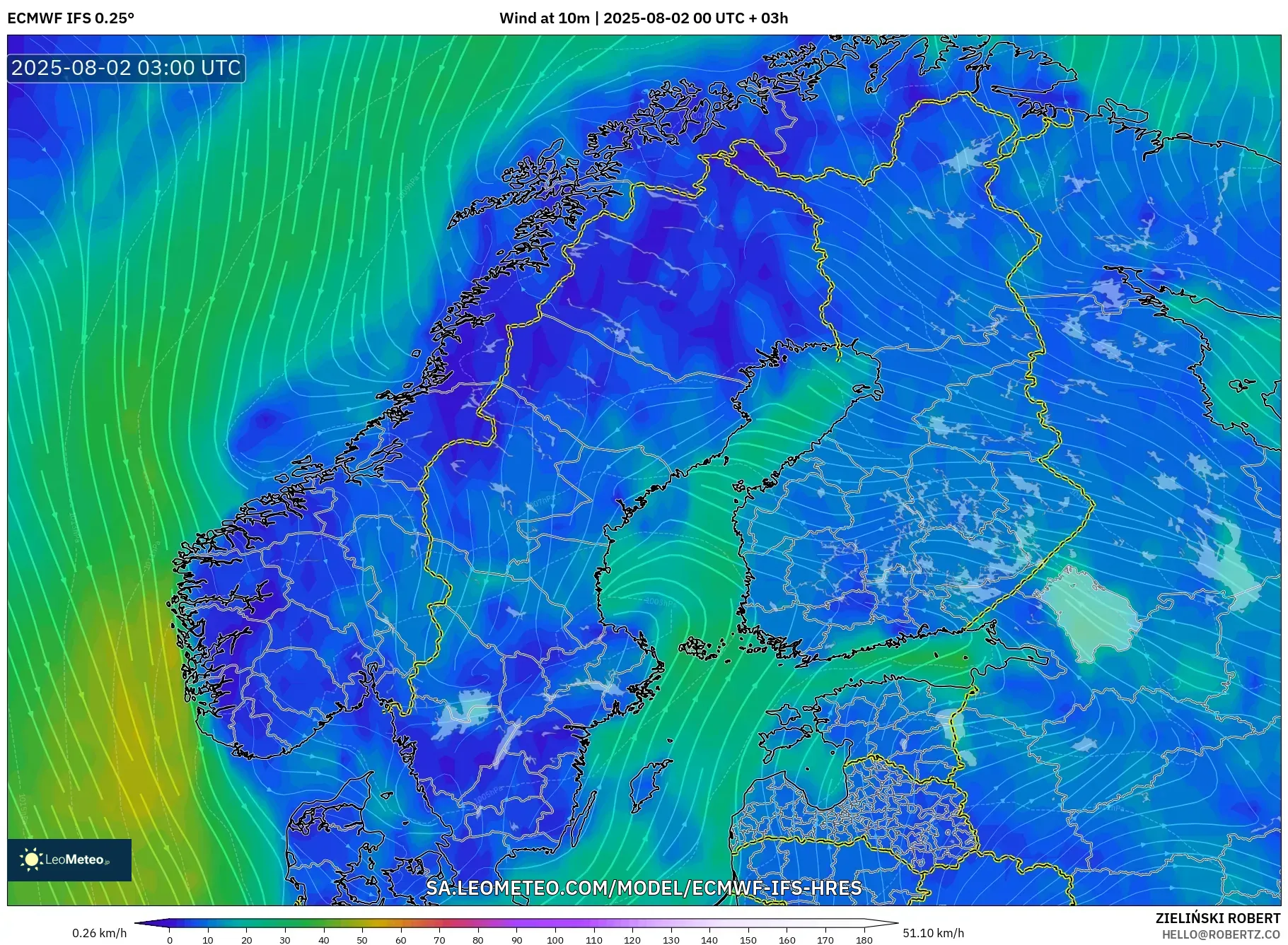 ECMWF IFS 0.25° model - Skandinavia, Angin 10 m