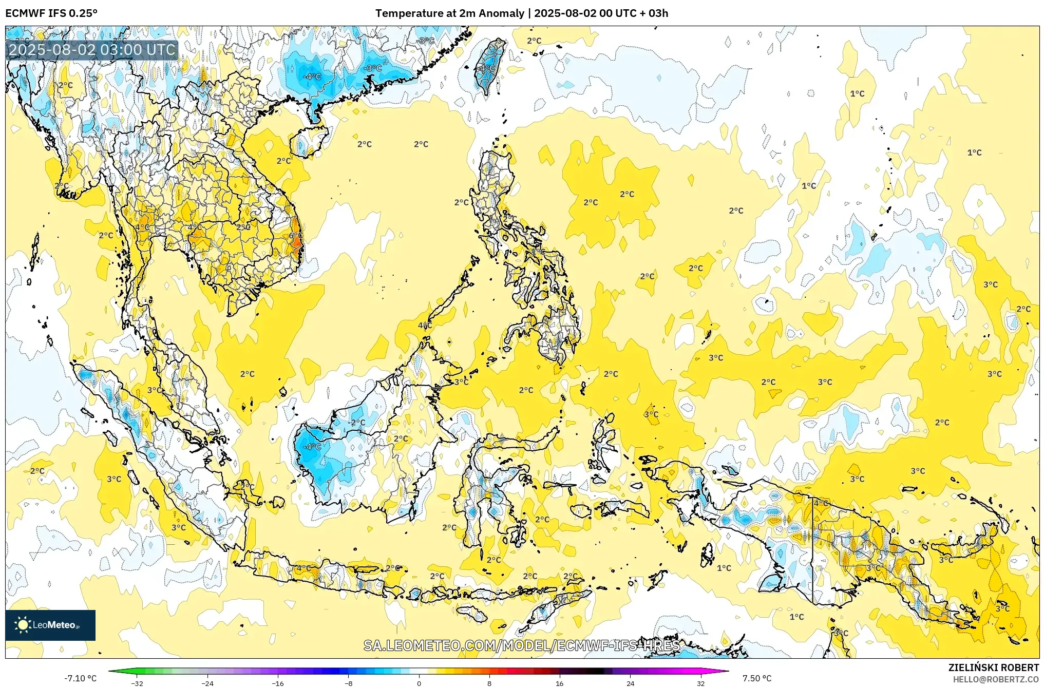 ECMWF IFS 0.25° model - Asia Tenggara, Anomali Suhu 2 m ECMWF IFS 0.25° model - Asia Tenggara, Anomali Suhu 2 m