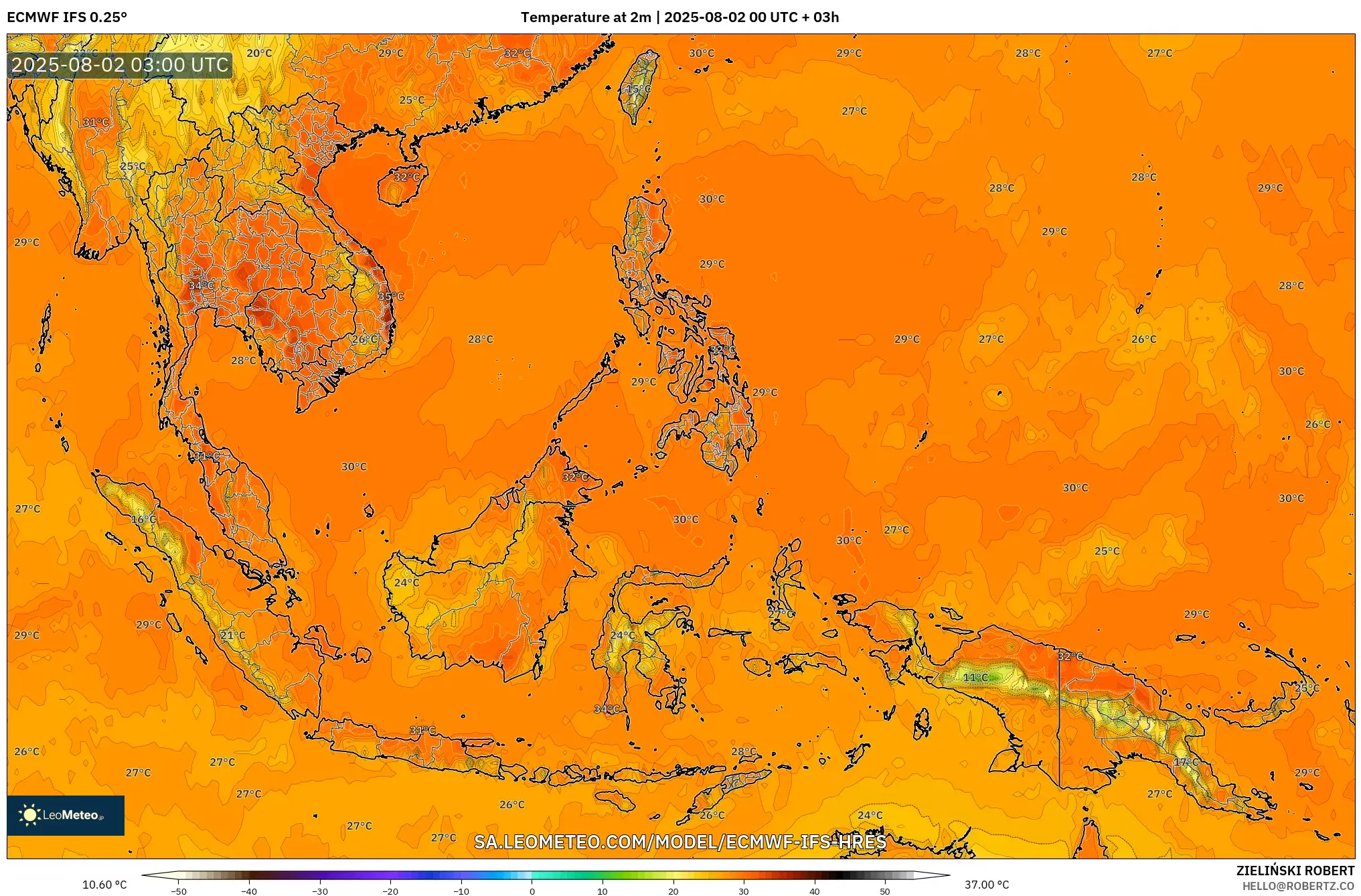 ECMWF IFS 0.25° model - Asia Tenggara, Suhu 2 m ECMWF IFS 0.25° model - Asia Tenggara, Suhu 2 m