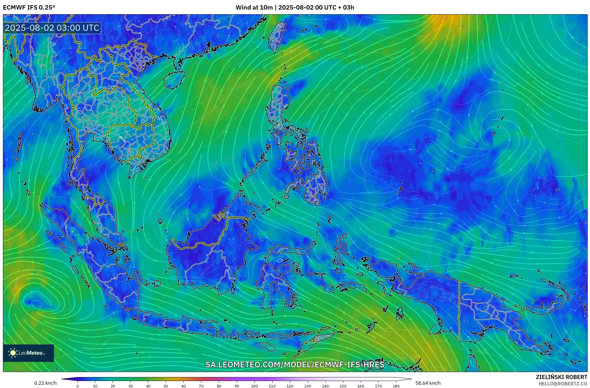 ECMWF IFS 0.25° model - Asia Tenggara, Angin 10 m ECMWF IFS 0.25° model - Asia Tenggara, Angin 10 m