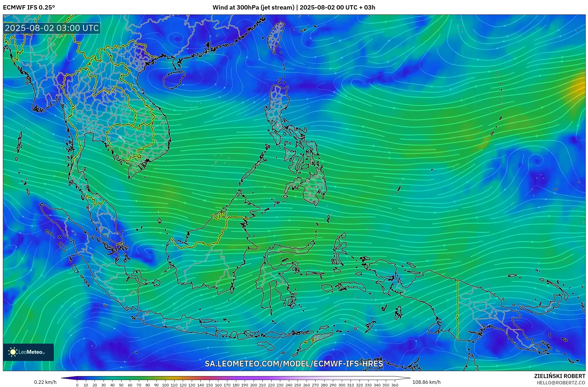 ECMWF IFS 0.25° model - Asia Tenggara, Angin 300 hPa (aliran jet) ECMWF IFS 0.25° model - Asia Tenggara, Angin 300 hPa (aliran jet)