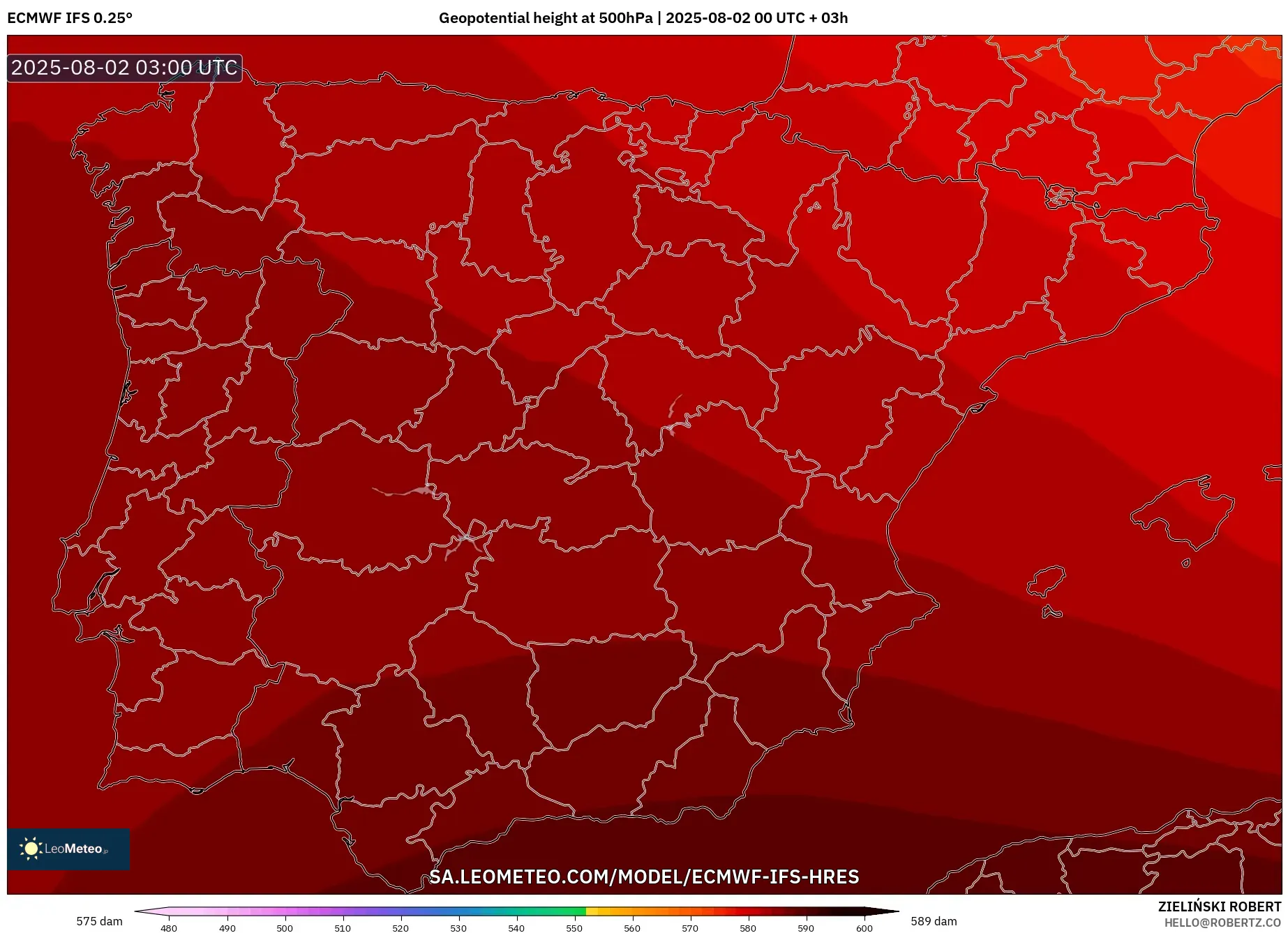 ECMWF IFS 0.25° model - Sepanyol, Ketinggian geopotensial pada 500 hPa