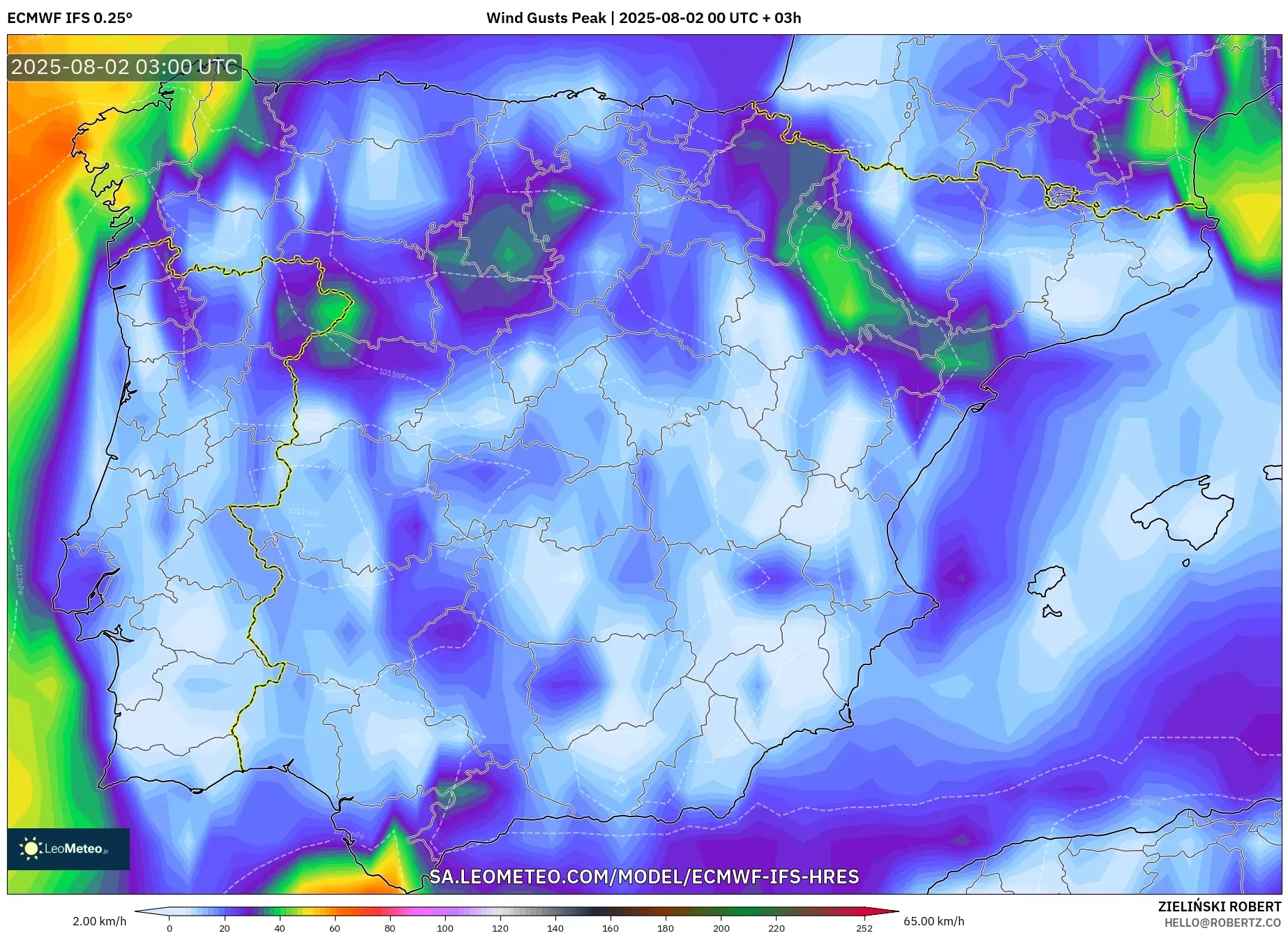 ECMWF IFS 0.25° model - Sepanyol, Hembusan Tertinggi ECMWF IFS 0.25° model - Sepanyol, Hembusan Tertinggi