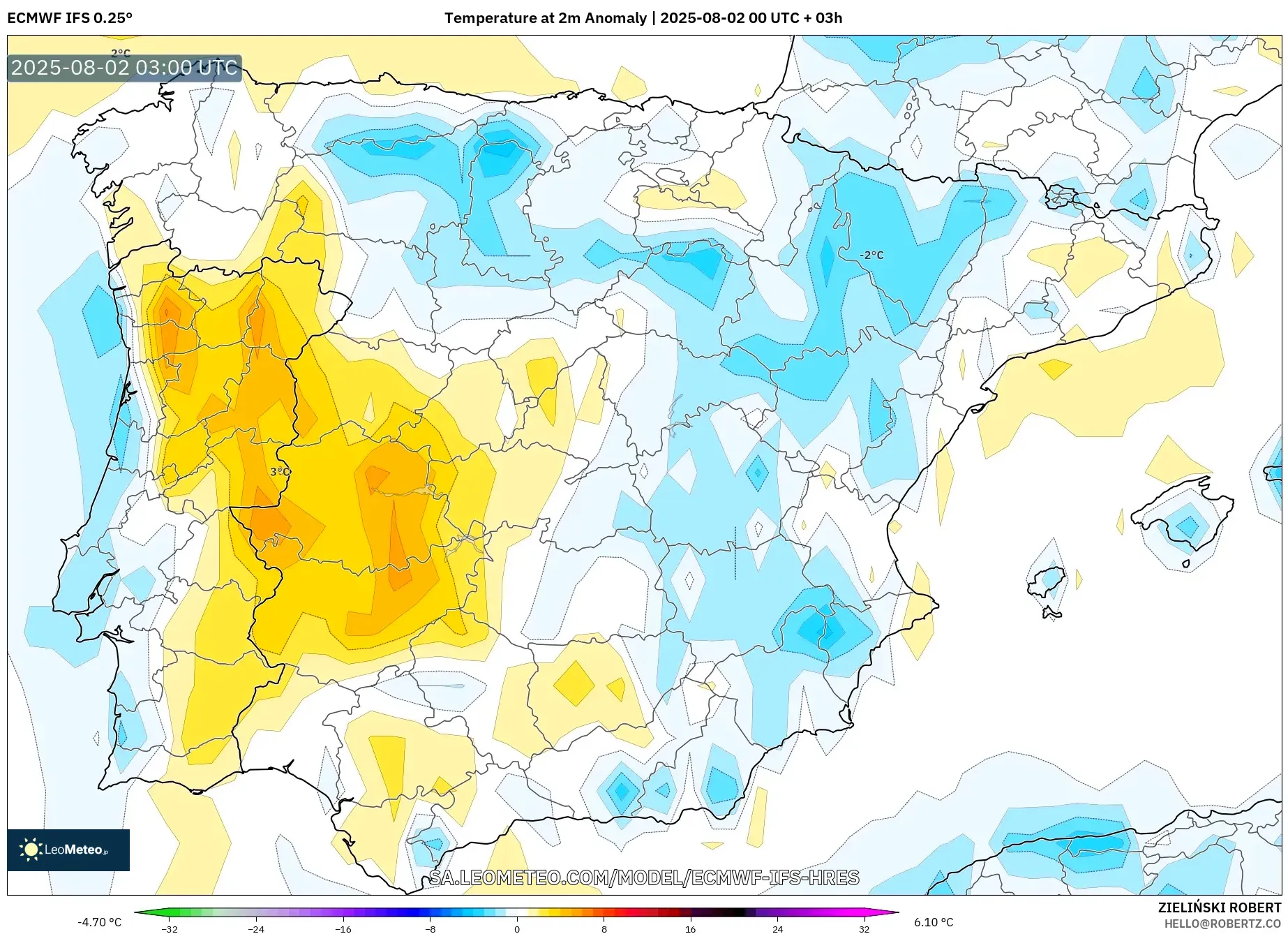 ECMWF IFS 0.25° model - Spanyol, Anomali Suhu 2 m ECMWF IFS 0.25° model - Spanyol, Anomali Suhu 2 m